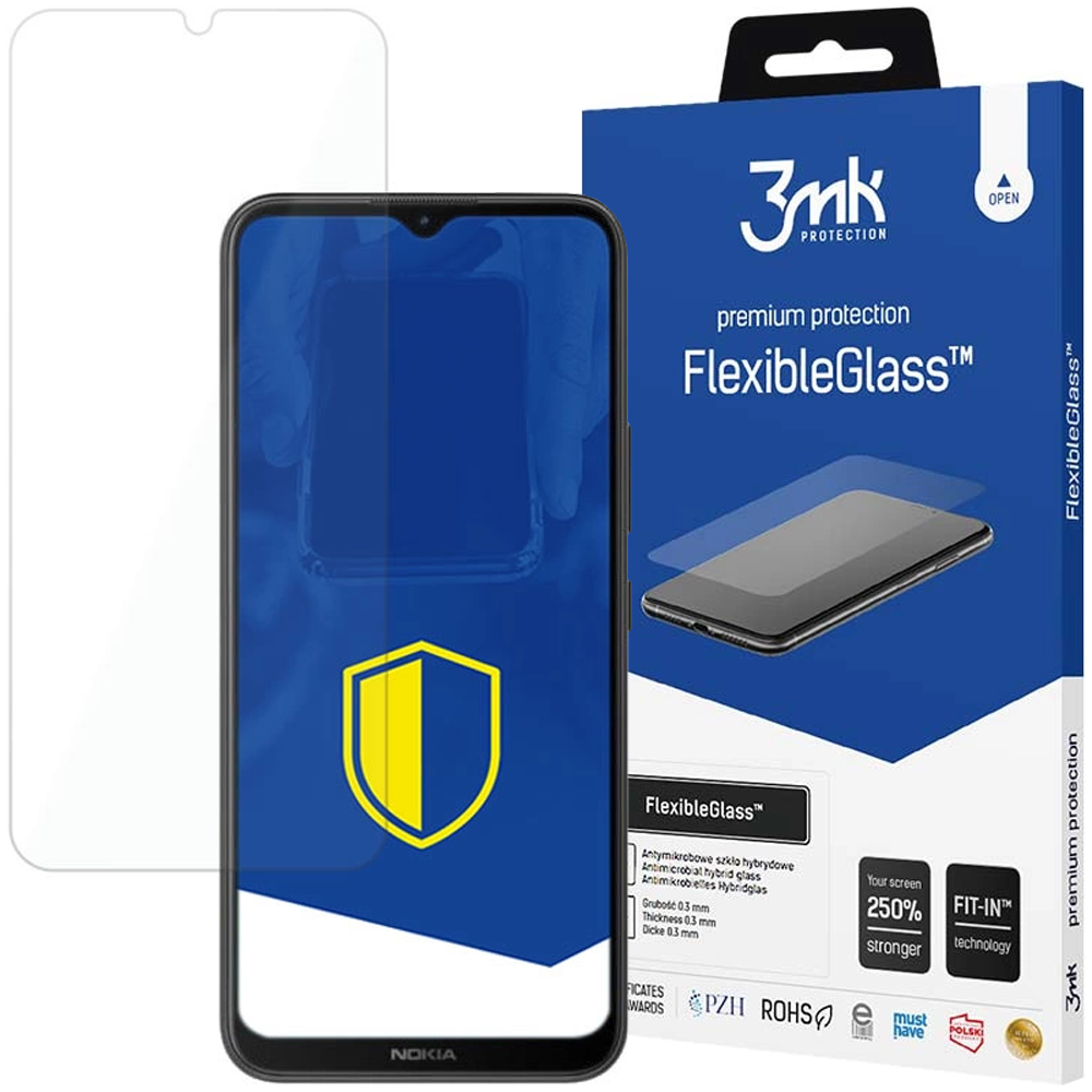 Un telefono con protezione schermo, scatola 'FlexibleGlass' e protezione schermo. Il telefono mostra uno scudo giallo.