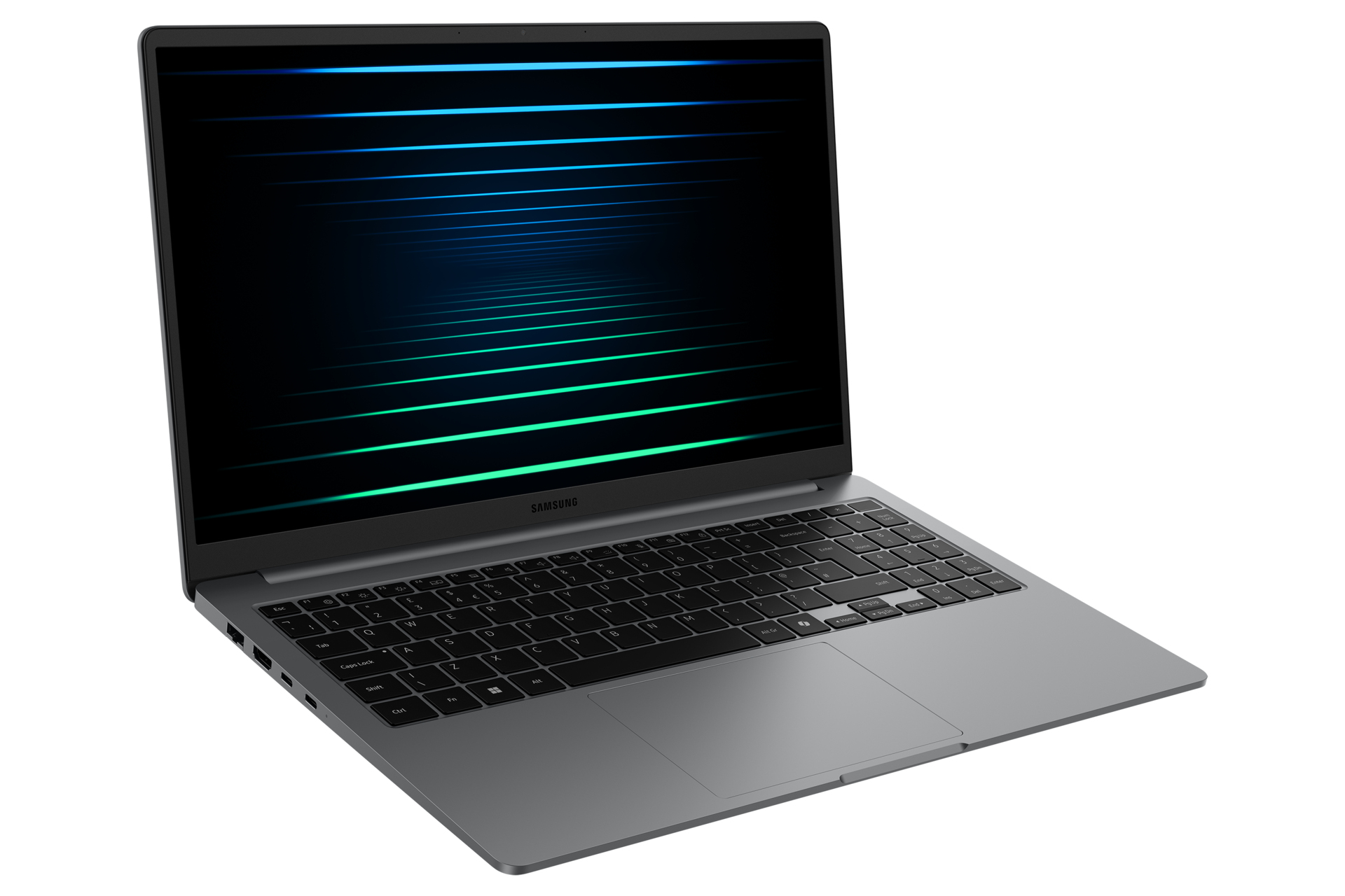 Un laptop Samsung grigio è aperto, mostrando uno schermo con linee blu e verdi. La tastiera e il touchpad sono visibili.