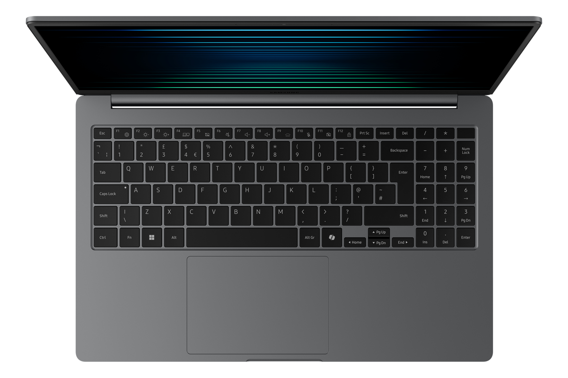 Un laptop grigio con schermo aperto che mostra linee blu e verdi. Tastiera visibile con lettere e numeri. Touchpad sotto.