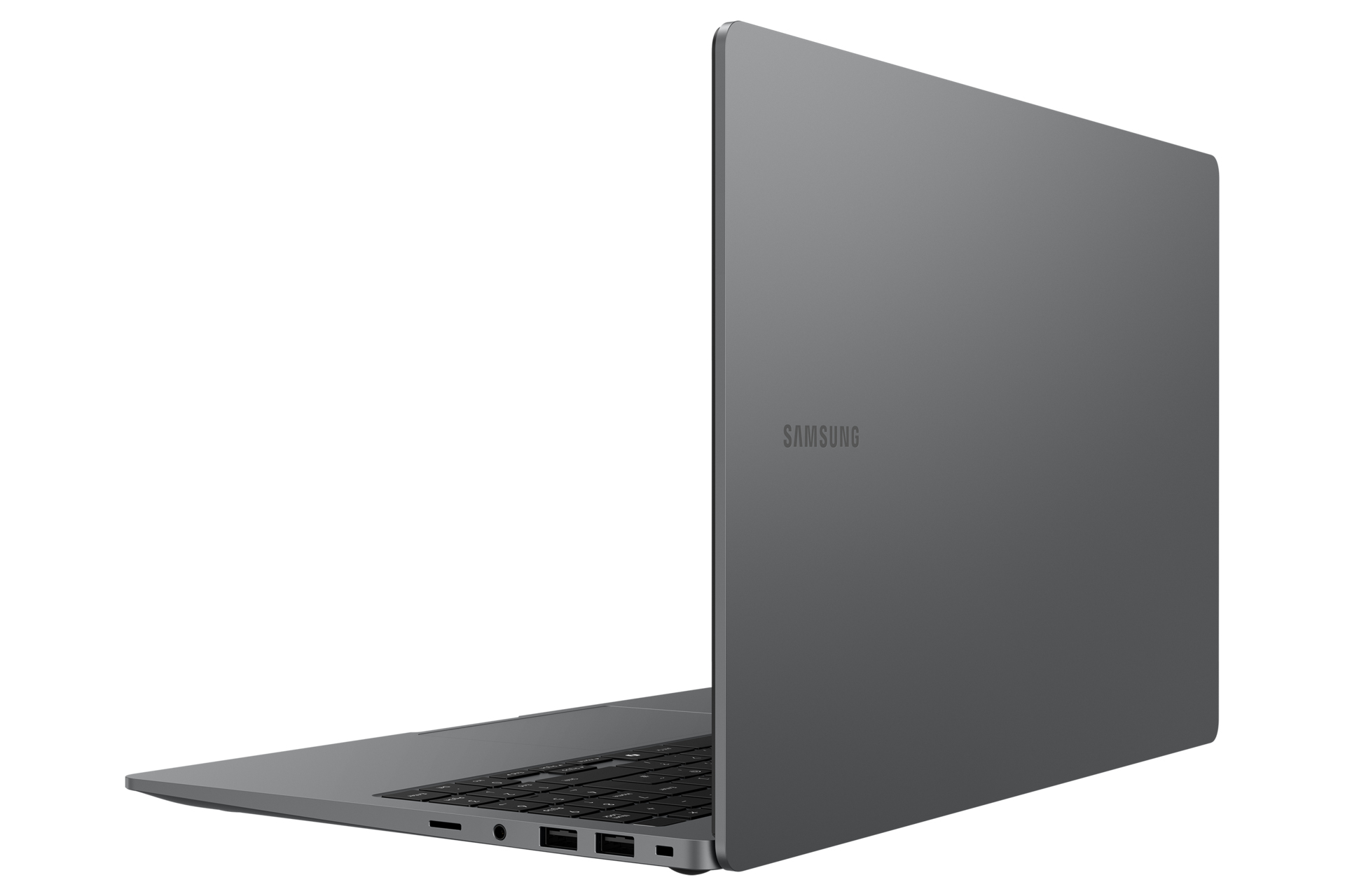 Laptop Samsung grigio su sfondo bianco. Il laptop è aperto, mostra la tastiera. Il marchio è visibile sul retro.