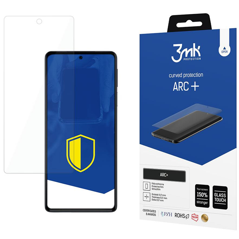 Un telefono e una protezione per lo schermo sono accanto a una scatola blu con il logo 3mk e informazioni sul prodotto.