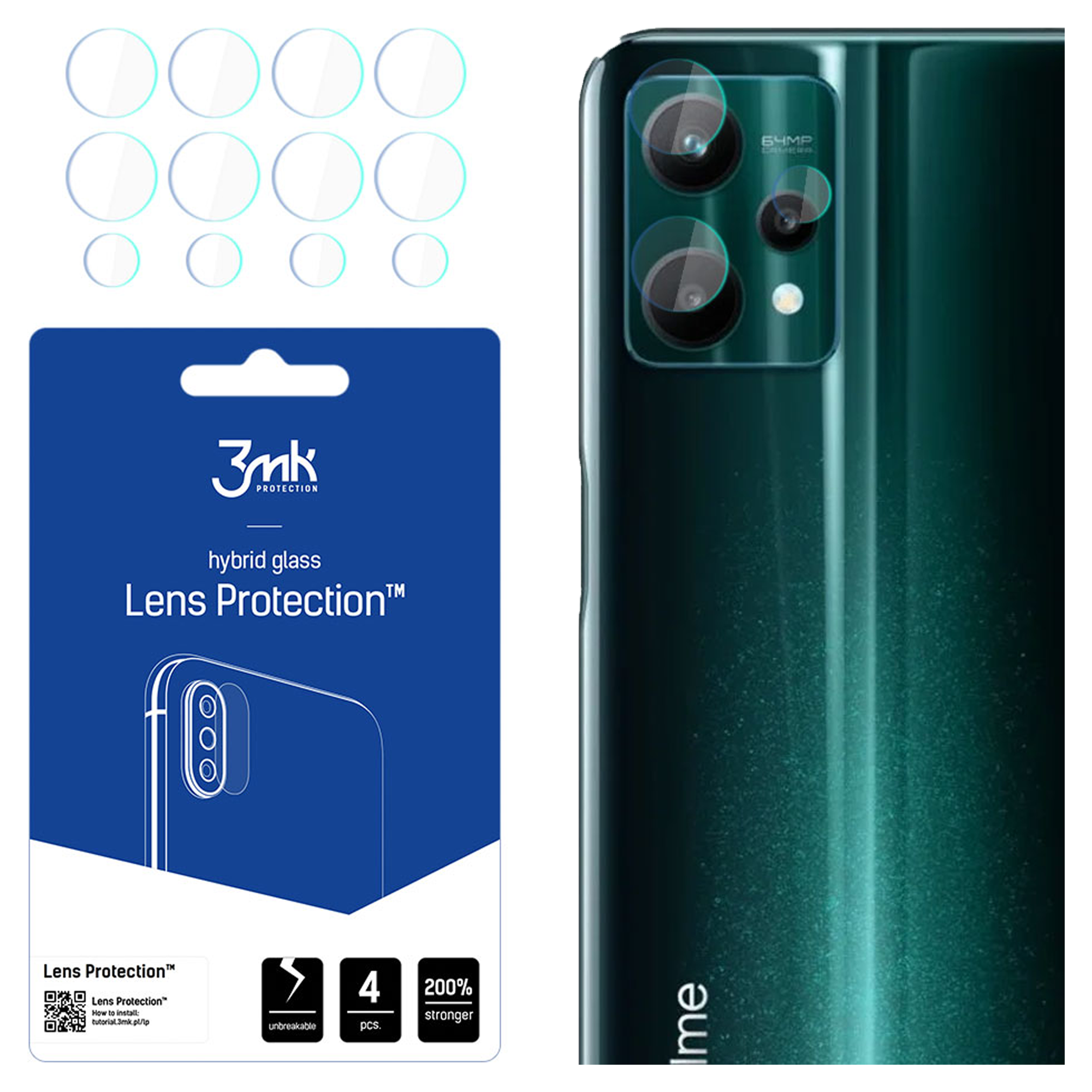 Un telefono e delle protezioni per lo schermo sono esposti. Le protezioni sono trasparenti, il telefono è verde e la confezione è blu.
