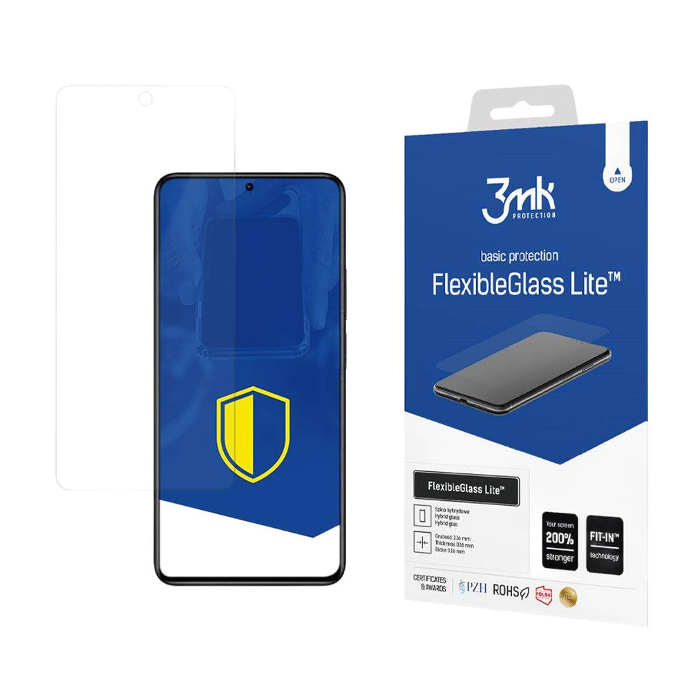Vengono mostrati un proteggi schermo e la confezione. Sulla confezione c'è scritto 'FlexibleGlass Lite' e '3mk protection'.