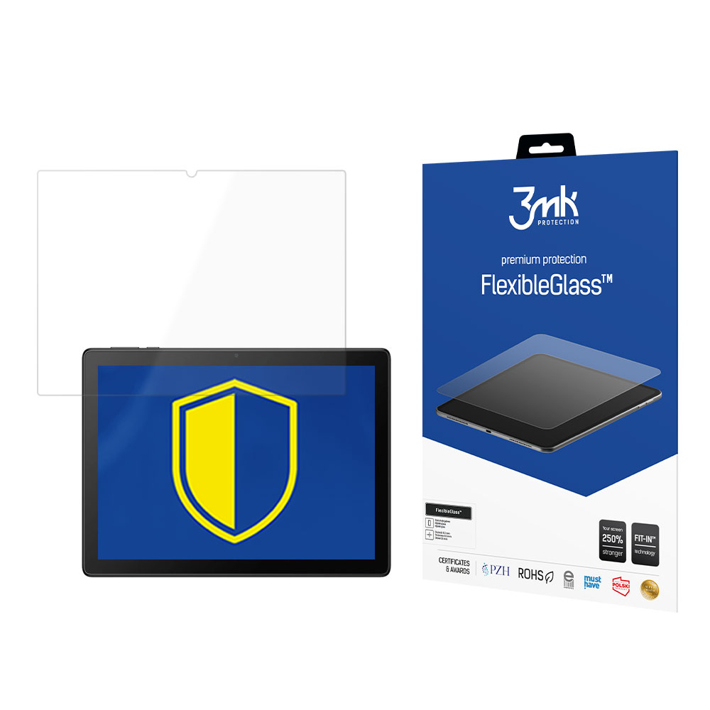 Un tablet con protezione schermo, una scatola con il marchio 3mk e un'icona a scudo sul tablet.