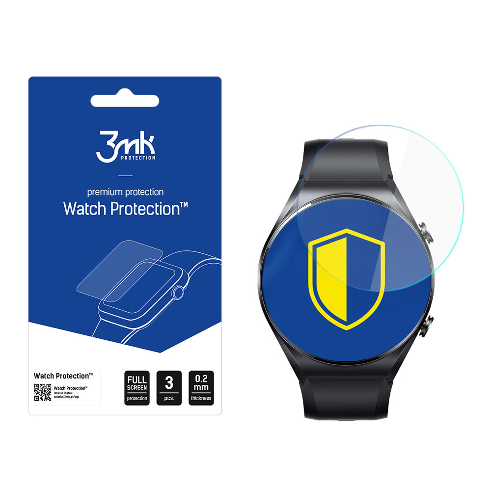 Uno smartwatch con protezione schermo, una confezione di protezioni schermo e un'icona scudo blu e giallo.