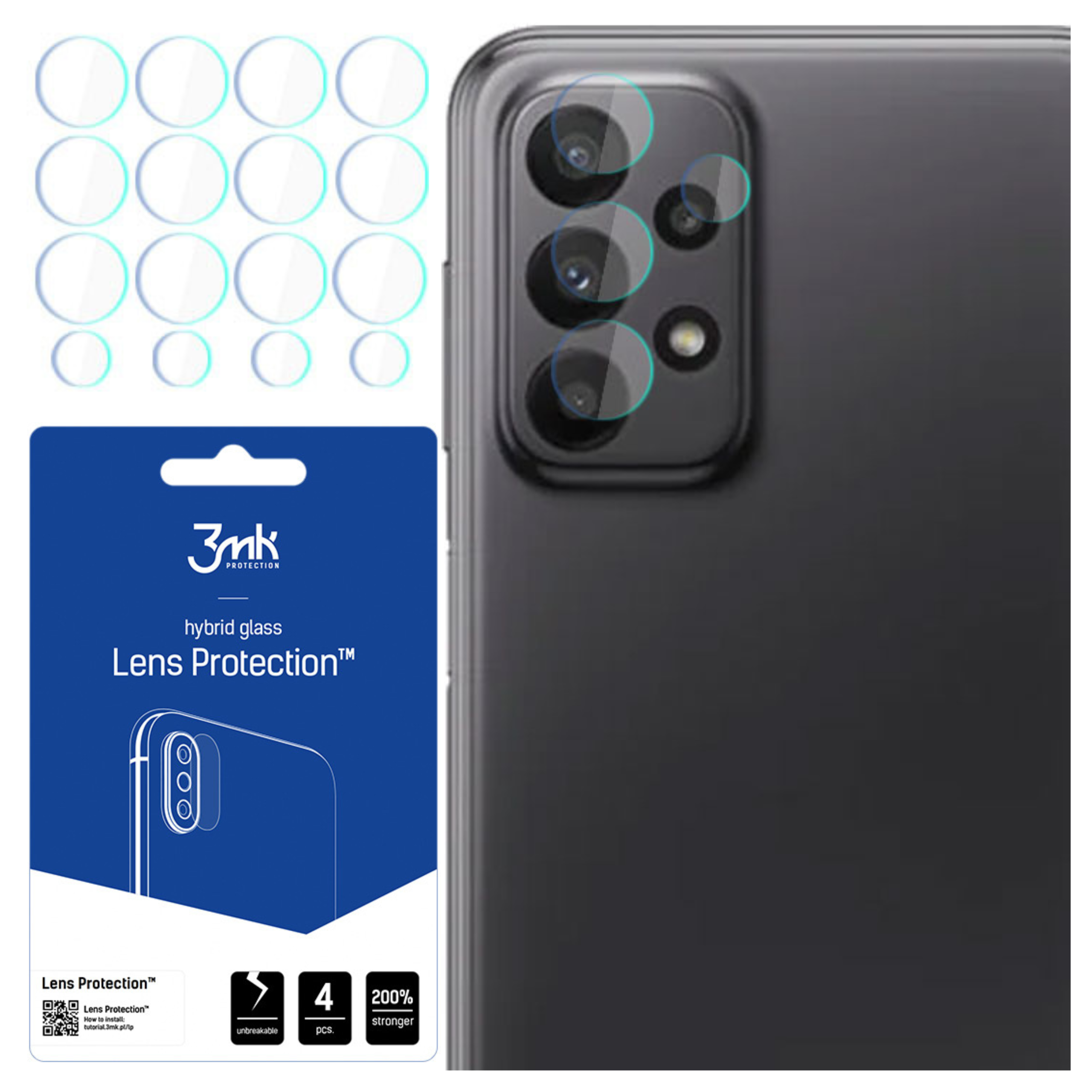 L'immagine mostra protezioni per lenti del telefono, un telefono e un pacchetto prodotto. Le protezioni per lenti sono posizionate sulle fotocamere del telefono.