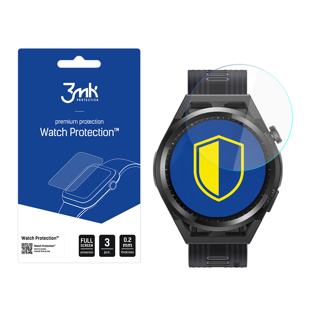 Uno smartwatch con protezione schermo e un pacchetto che mostra la protezione, con un'icona a scudo.