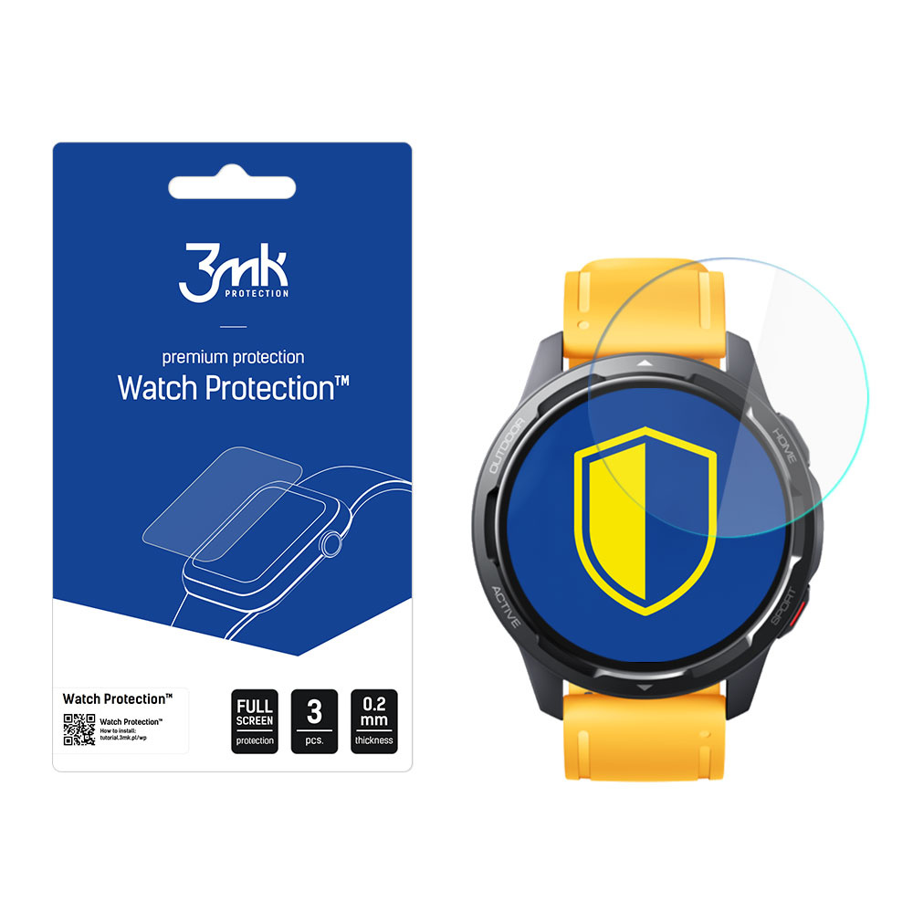 Uno smartwatch con una protezione schermo accanto a una confezione per la protezione dell'orologio. L'orologio è nero e giallo con un'icona a scudo.