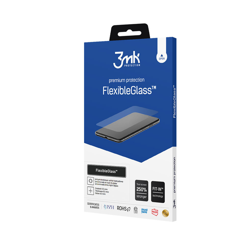 Niebiesko-białe pudełko ochronne FlexibleGlass. Pokazuje telefon i szczegóły, takie jak marka 3mk i jej cechy.