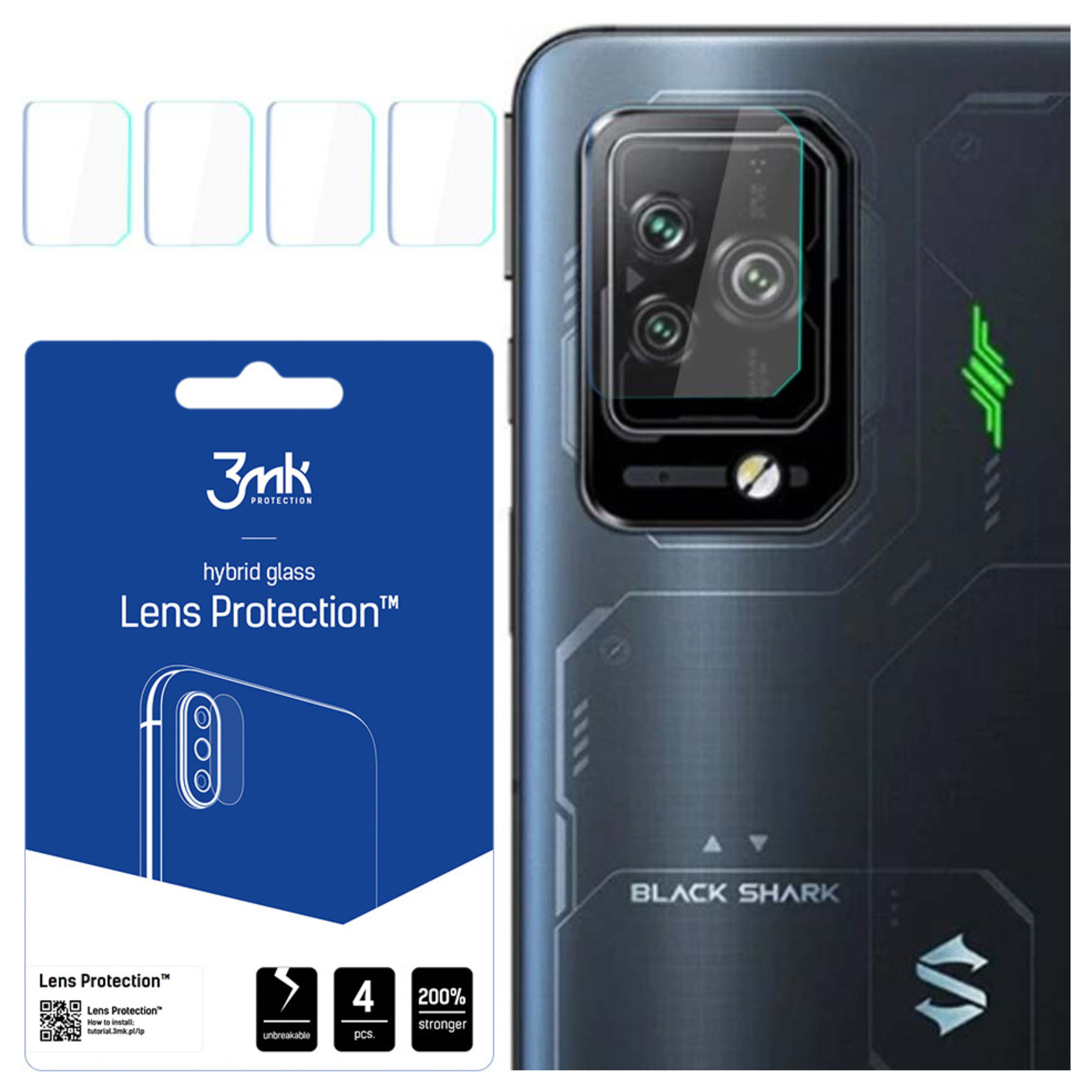 L'immagine mostra un telefono con protezione per lenti e confezione. La confezione è blu. Il telefono è nero con fotocamera.