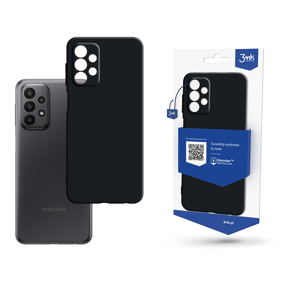 Trzy czarne etui na telefon, jedno z telefonem. Jedno etui jest w opakowaniu. Widoczny telefon Samsung i logo.