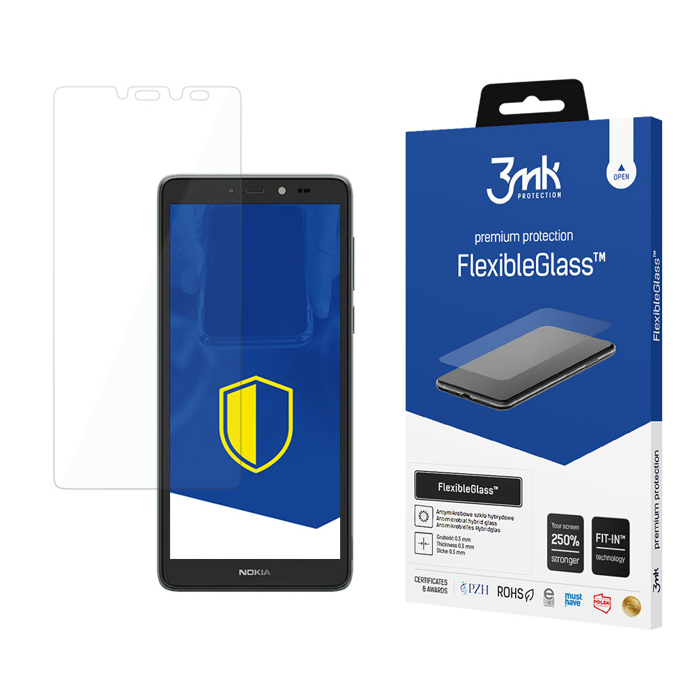 Un telefono e una protezione schermo sono mostrati. Il telefono ha uno scudo giallo e blu sullo schermo. A destra c'è una scatola di FlexibleGlass.