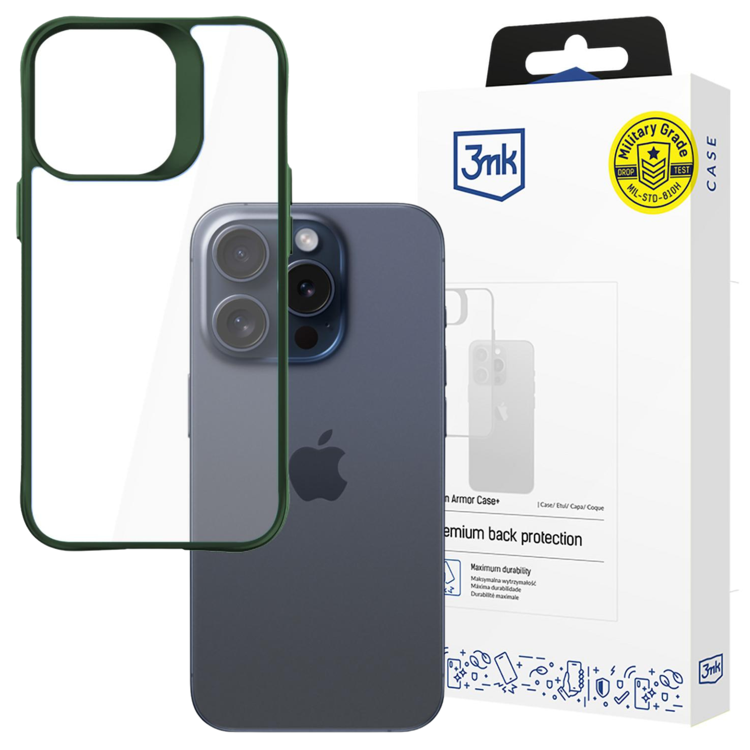 Un iPhone con una custodia verde è accanto a una scatola bianca con testo e un'etichetta di grado militare.