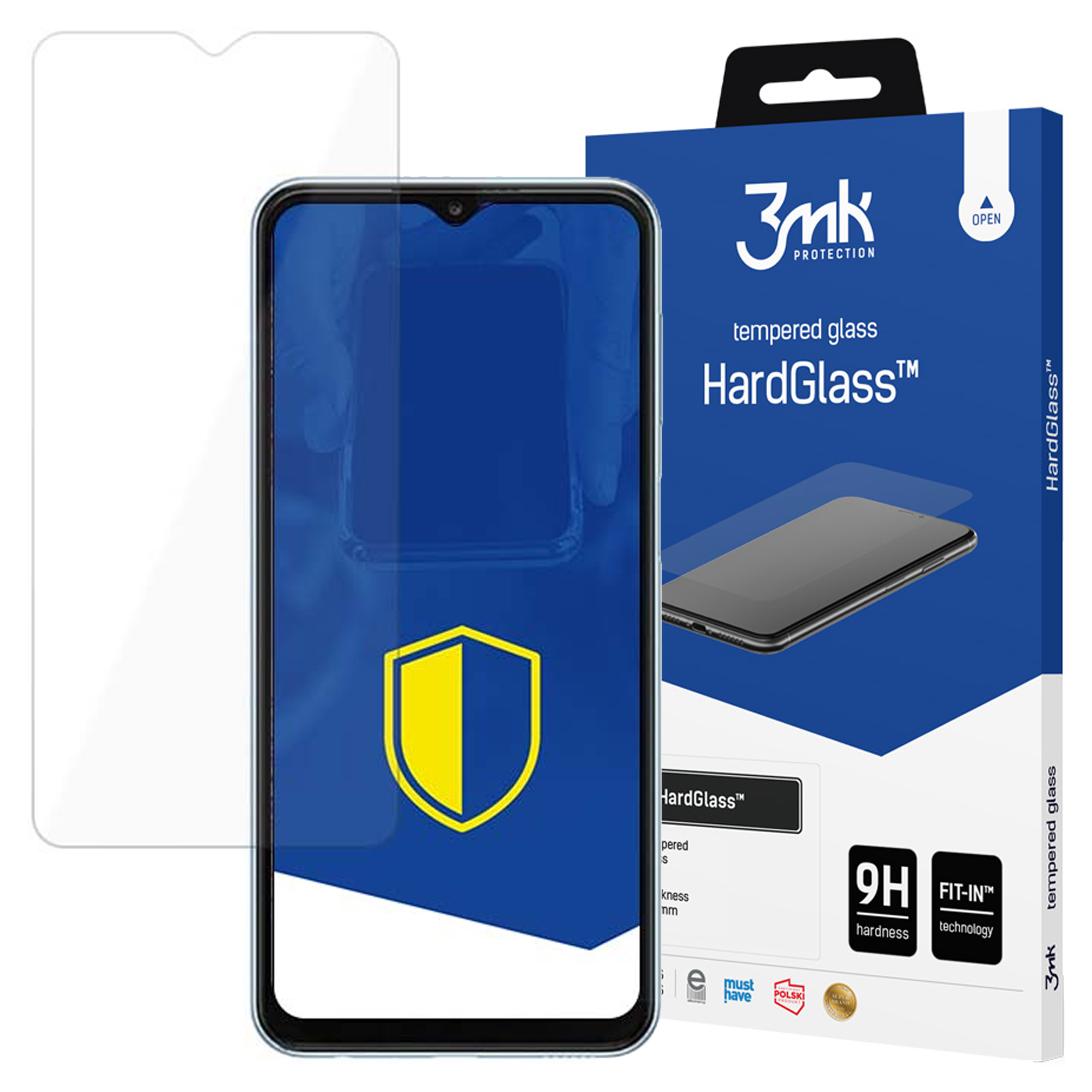 Szkło hartowane do smartfona, z opakowaniem i szczegółami marki.