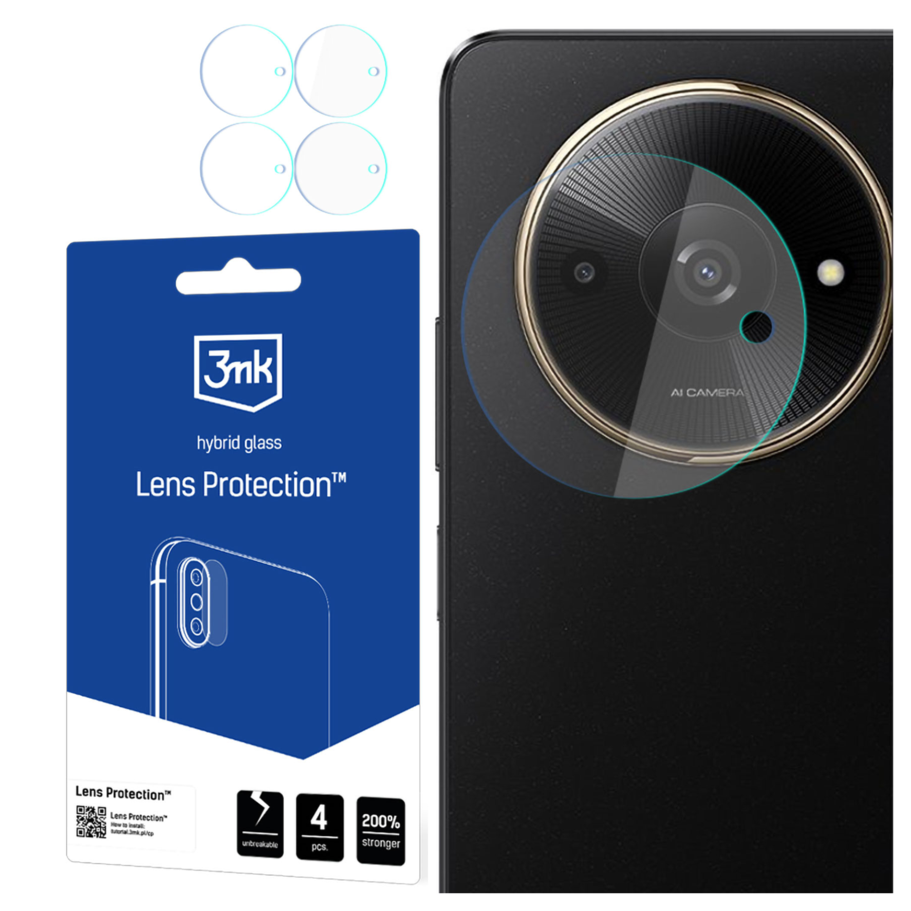 Vengono mostrati un telefono e protezioni per lenti. Le protezioni sono rotonde e hanno una sfumatura blu. La confezione è blu.