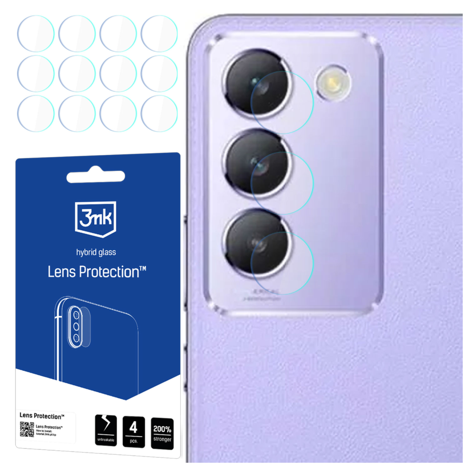 L'immagine mostra protezioni per lenti della fotocamera del telefono, un telefono e l'imballaggio. La confezione ha il marchio 3mk e Lens Protection.