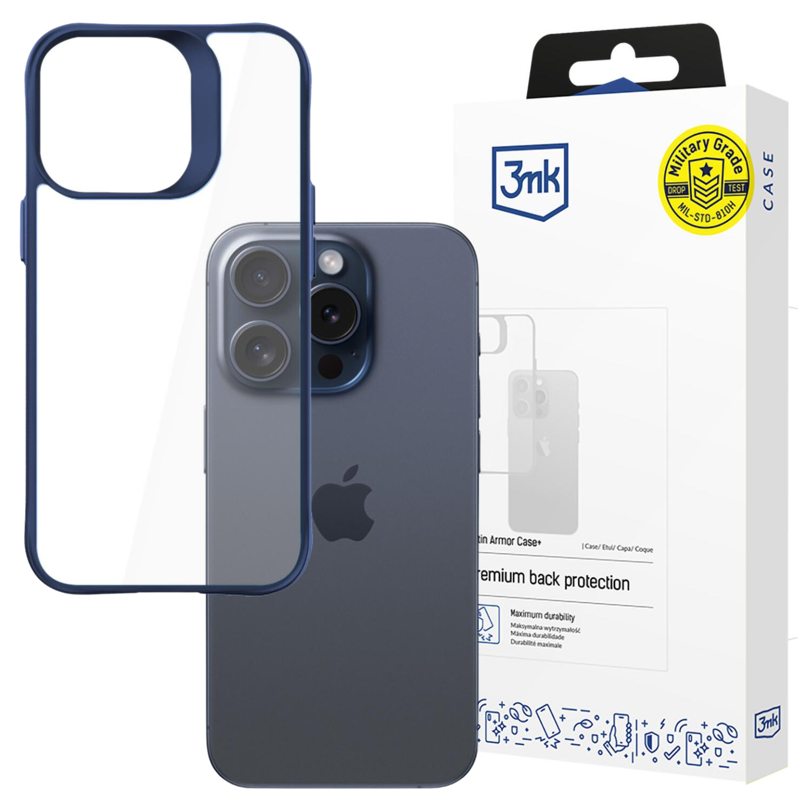 Vengono mostrati una custodia e un telefono. La custodia è blu e trasparente, il telefono è blu scuro.