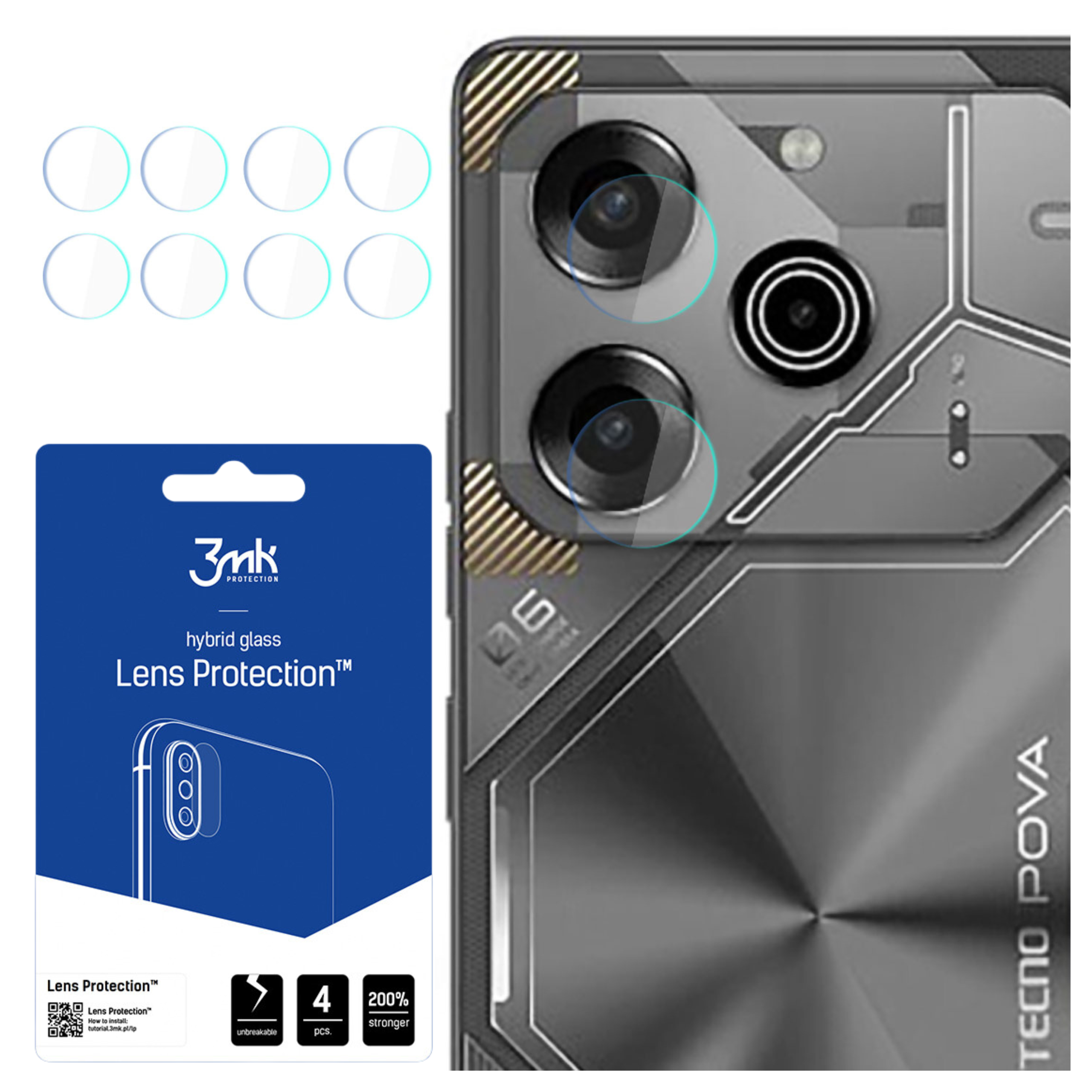 Un proteggi obiettivo per telefono con sei cerchi e obiettivi della fotocamera del telefono. Una scatola blu con i dettagli del prodotto a sinistra.