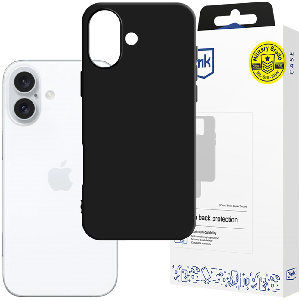 Un iPhone bianco è accanto a una custodia nera e una scatola bianca. La scatola ha un'etichetta di grado militare e dettagli del prodotto.