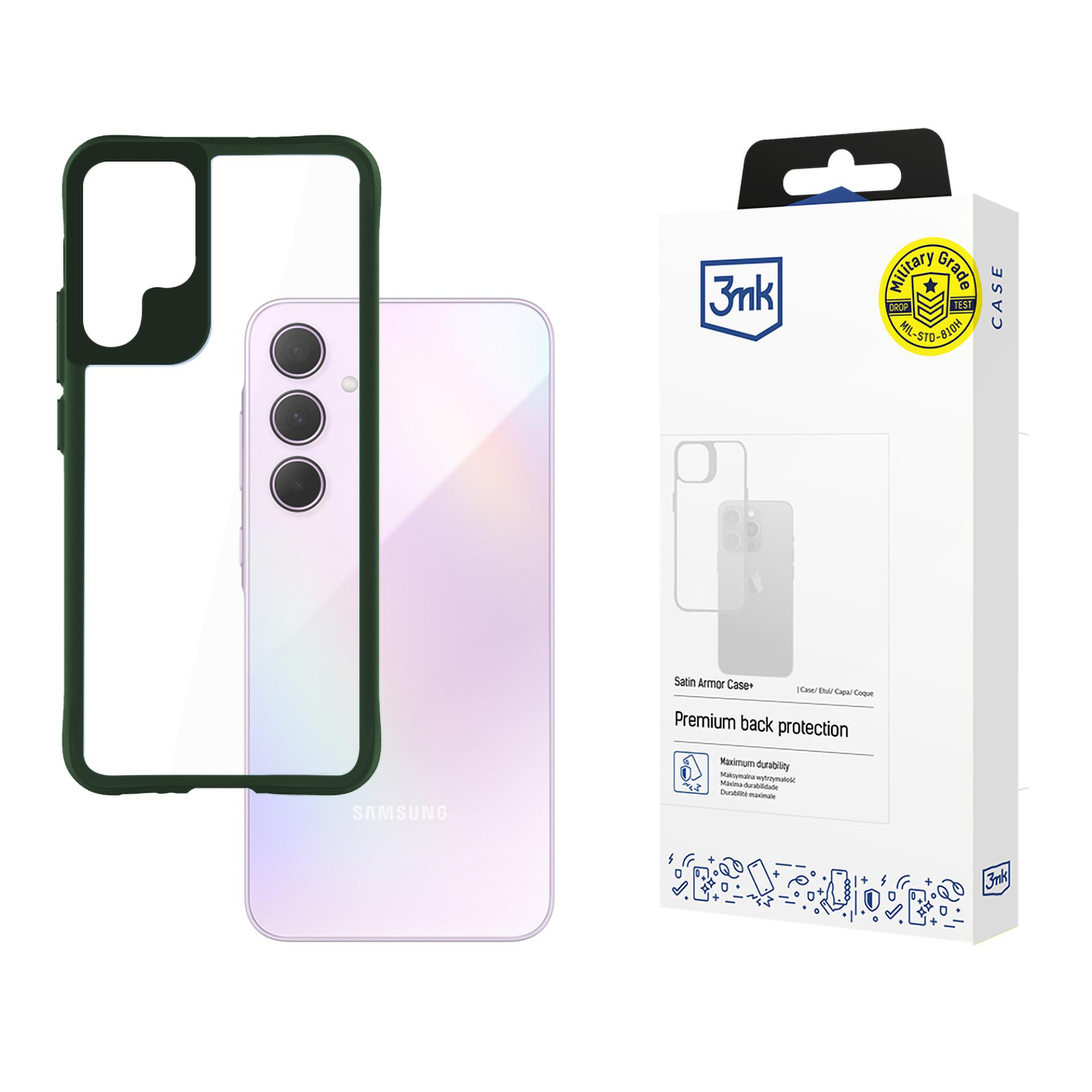 Sono visualizzati un telefono e una custodia. Il telefono è in una custodia verde, accanto a una scatola bianca con un'illustrazione della custodia del telefono.