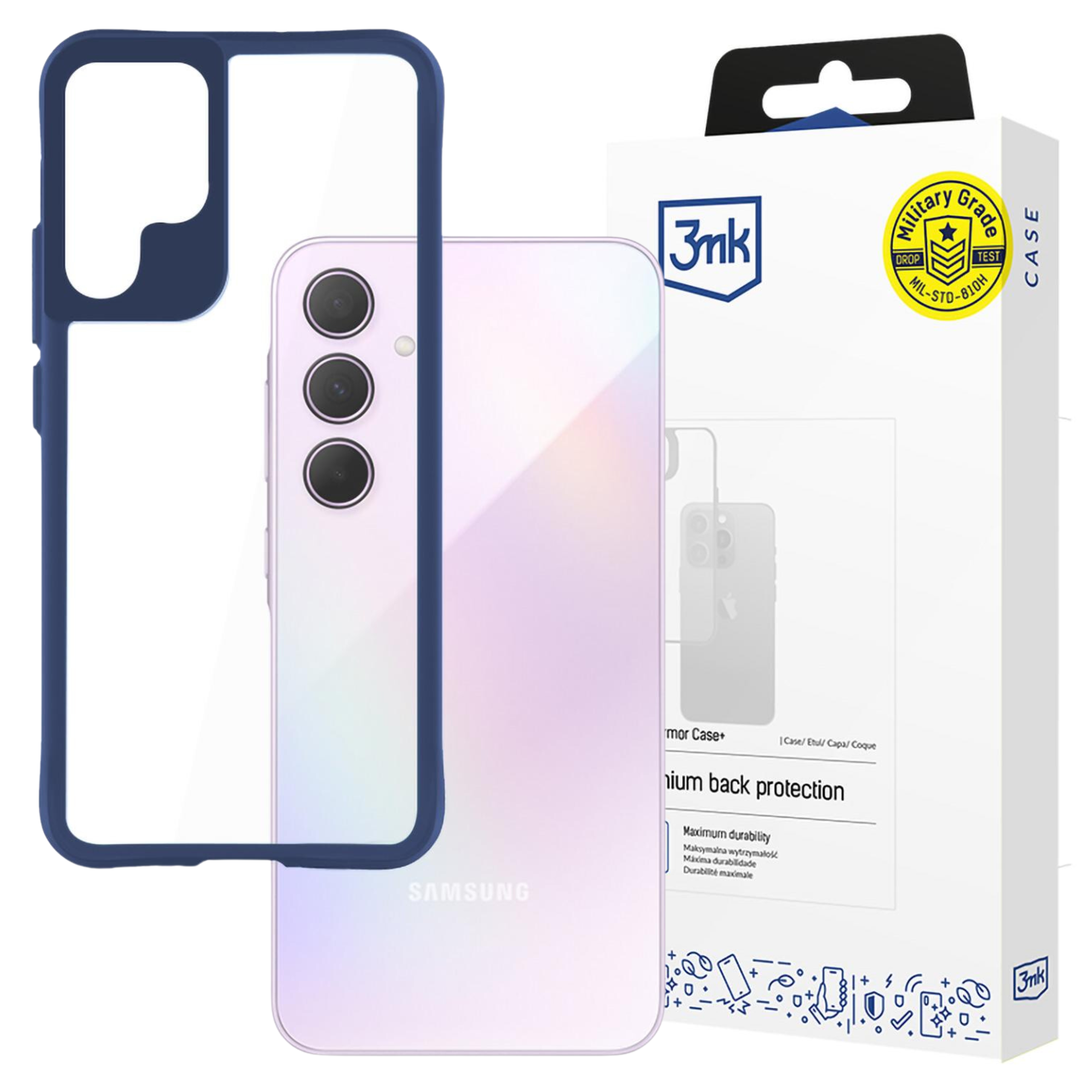 Telefon i etui ochronne są wyświetlane obok pudełka produktu. Etui jest niebieskie, telefon fioletowy.
