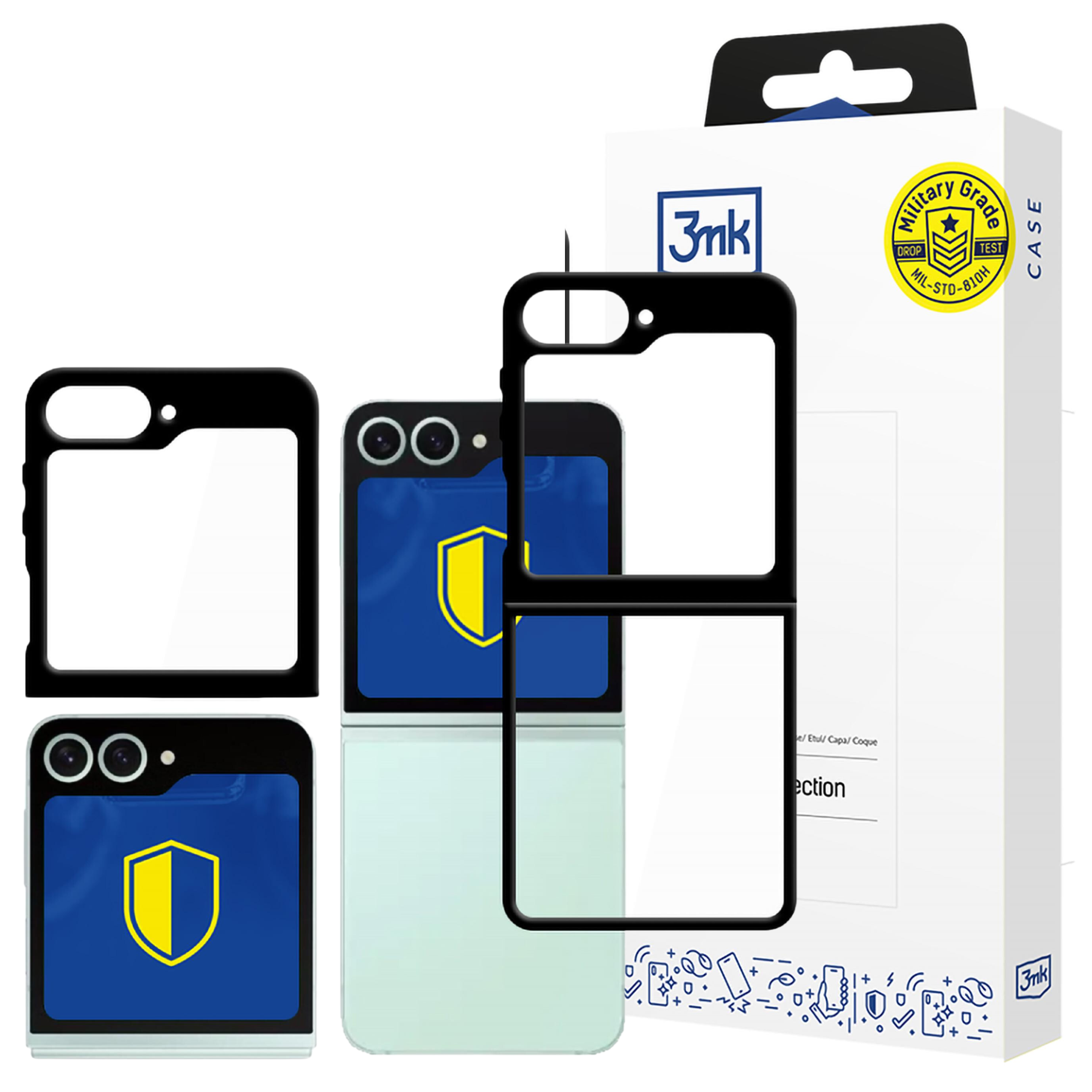 L'immagine mostra una custodia per telefono, un telefono e la confezione. Il telefono ha uno schermo blu con uno scudo giallo.