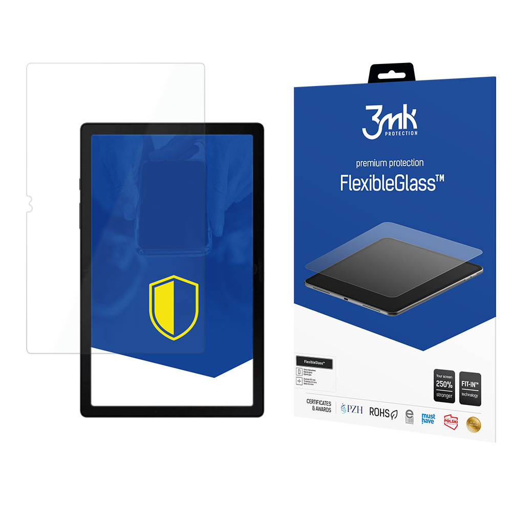 Wyświetlacz tabletu, tablet i pudełko produktu są wyświetlane. Na pudełku widnieje napis 'FlexibleGlass' i '3mk Protection'.
