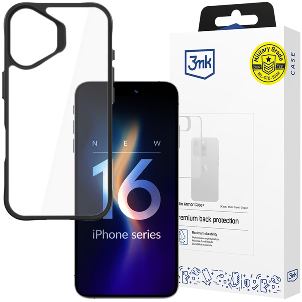 Un telefono iPhone serie 16 con custodia trasparente e scatola 3mk con etichetta di grado militare. Il telefono mostra il numero 16.