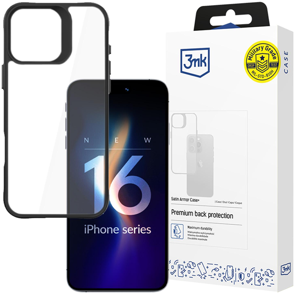 Un iPhone 16 in una custodia trasparente. Una scatola mostra le caratteristiche della custodia.