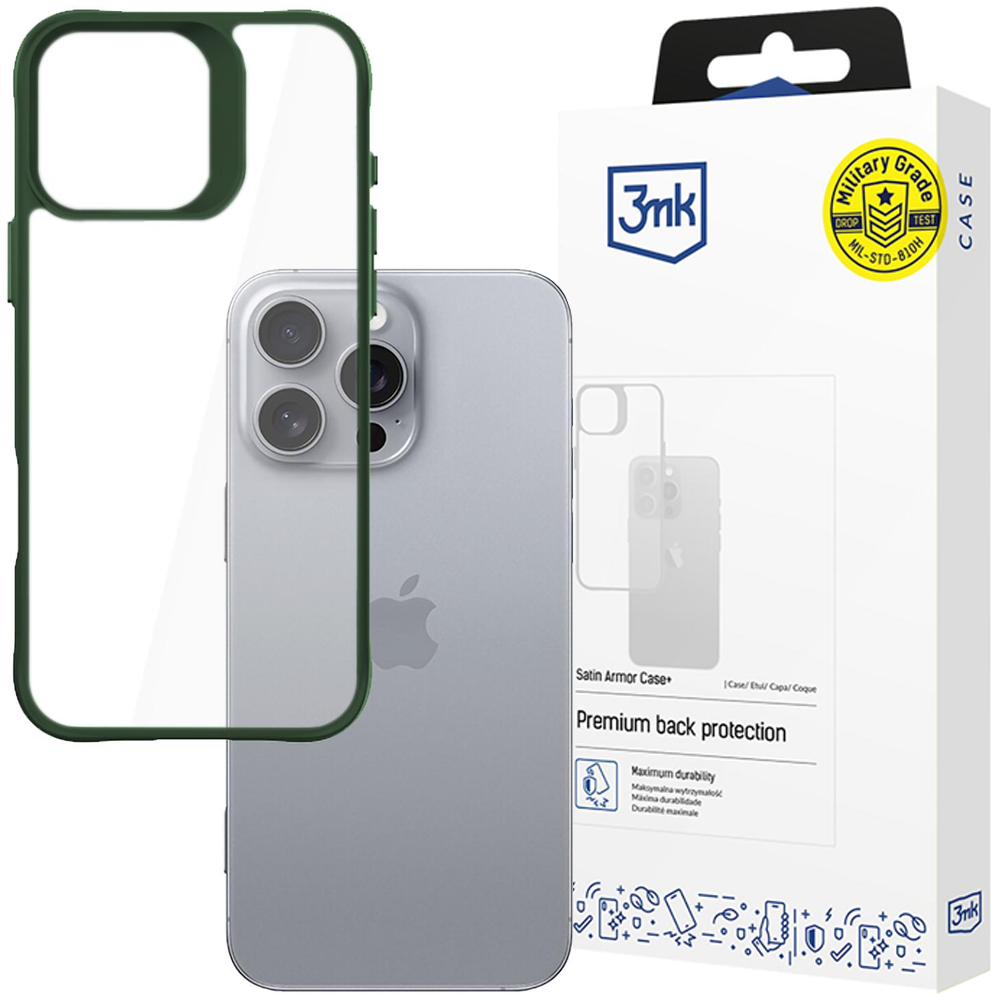 Un iPhone con custodia protettiva verde, accanto a una scatola bianca con l'illustrazione della custodia e il logo 3mk.