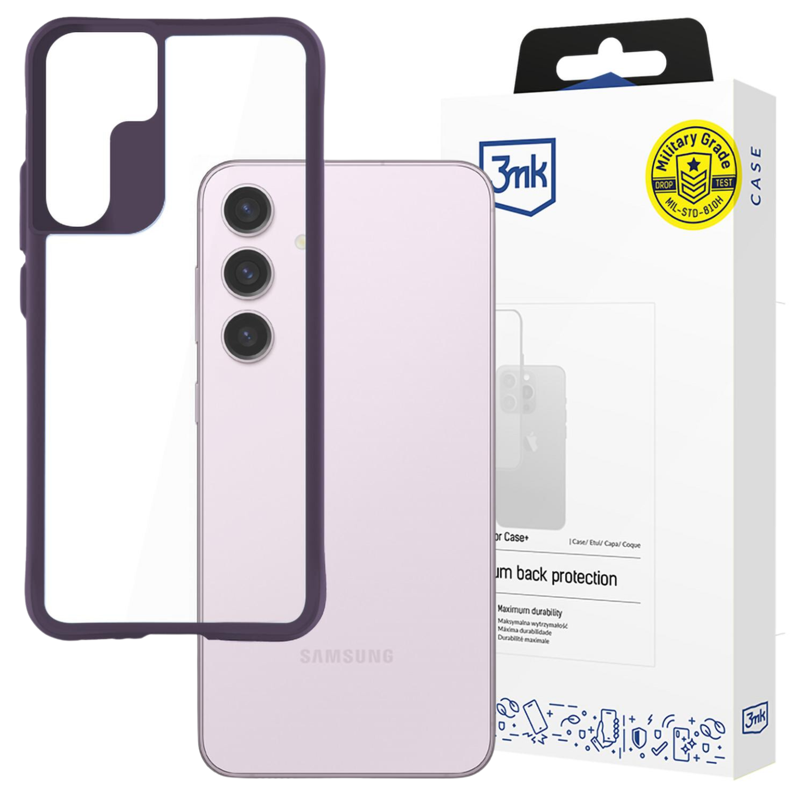 Sono esposti una custodia e un telefono. Il telefono è lavanda e la custodia viola scuro.