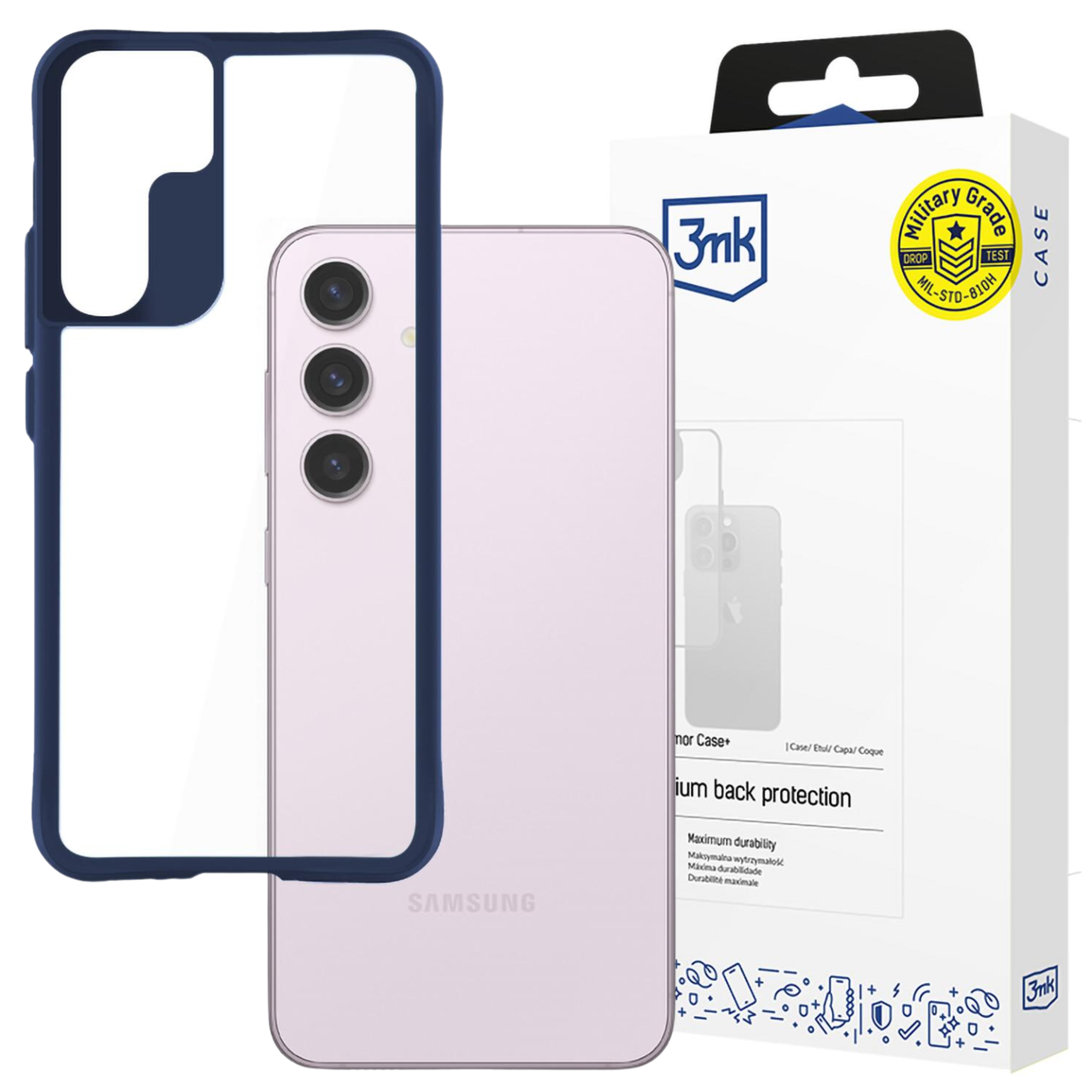 Una custodia per telefono e un telefono sono in mostra. La custodia è blu scuro e trasparente. Il telefono è viola chiaro.