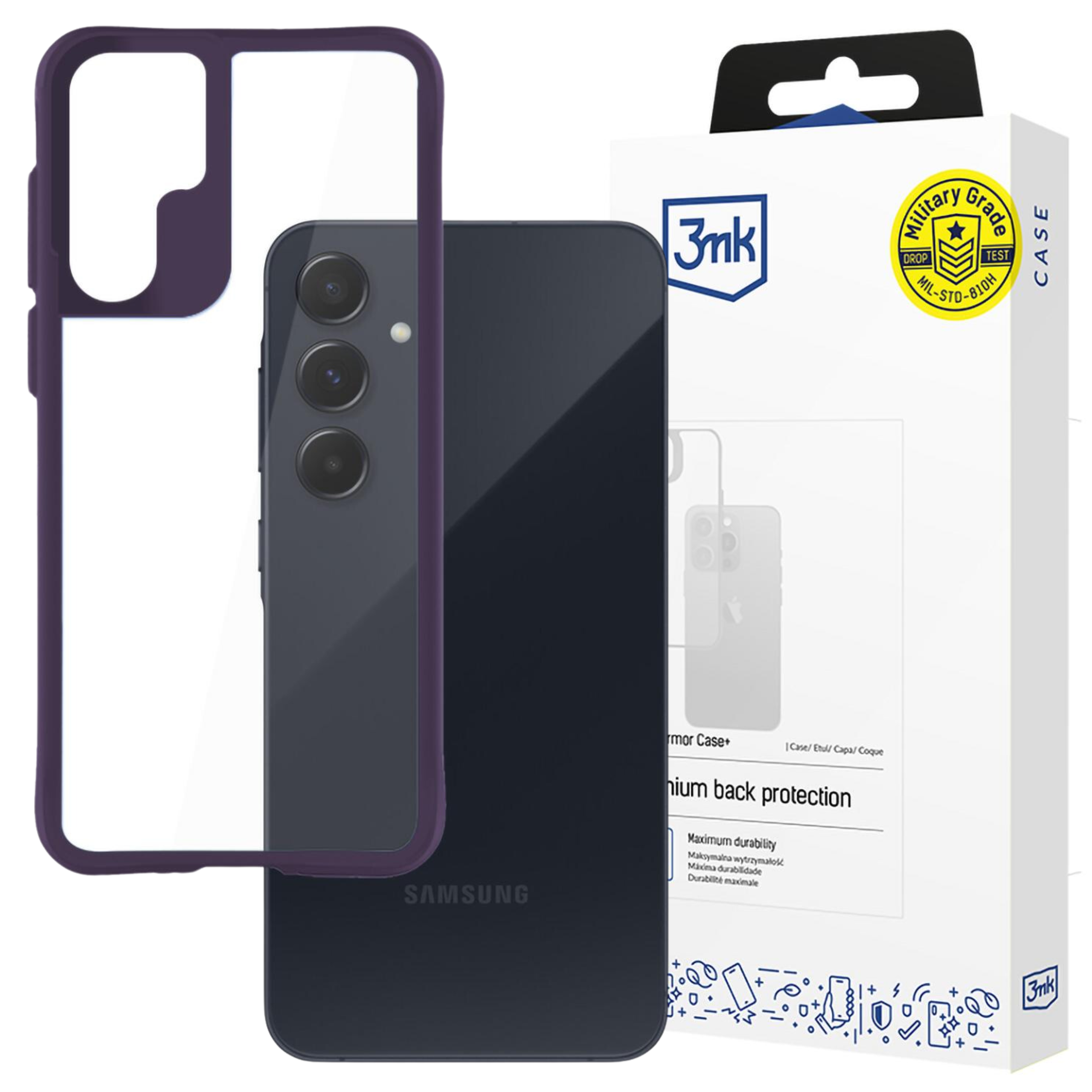 Wyświetlany jest telefon i etui. Telefon jest czarny, etui fioletowe, a opakowanie białe z logo.