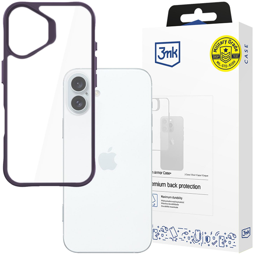 Un iPhone Apple e una custodia trasparente con bordi viola sono esposti di fronte a una scatola di custodia per telefono 3mk.