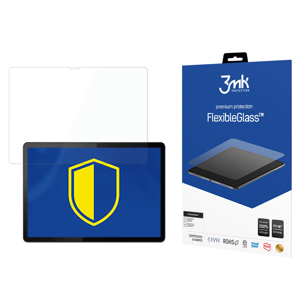 Una tableta con un escudo amarillo y azul en la pantalla, protector de pantalla de vidrio y una caja de producto con el logotipo FlexibleGlass.
