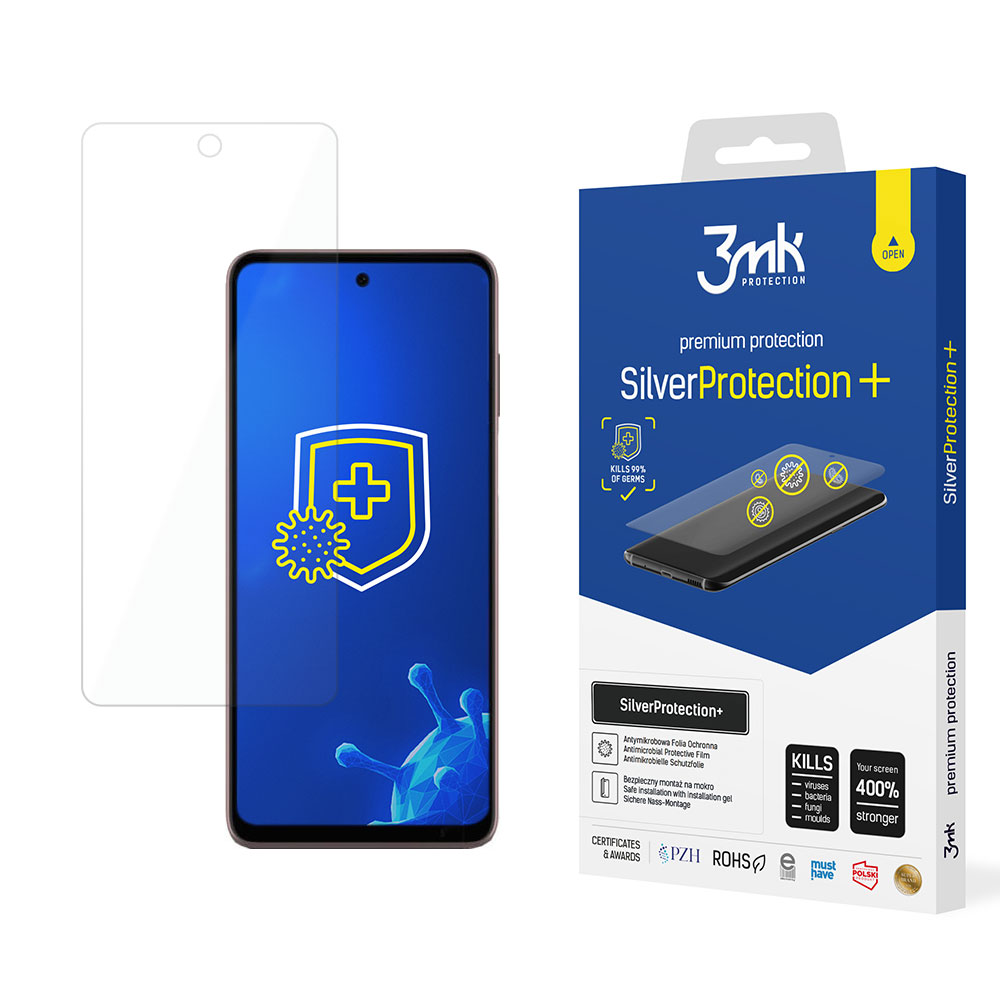Un proteggi schermo per telefono e un telefono sono mostrati con una scatola che mostra le caratteristiche e i vantaggi del prodotto.