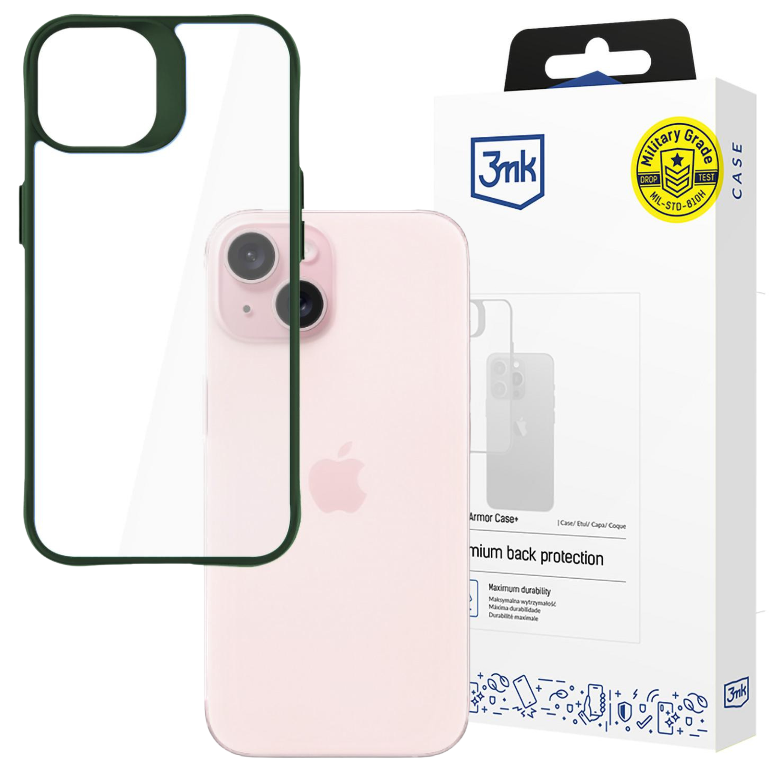 iPhone rosa con custodia verde accanto a scatola bianca con adesivo di grado militare.