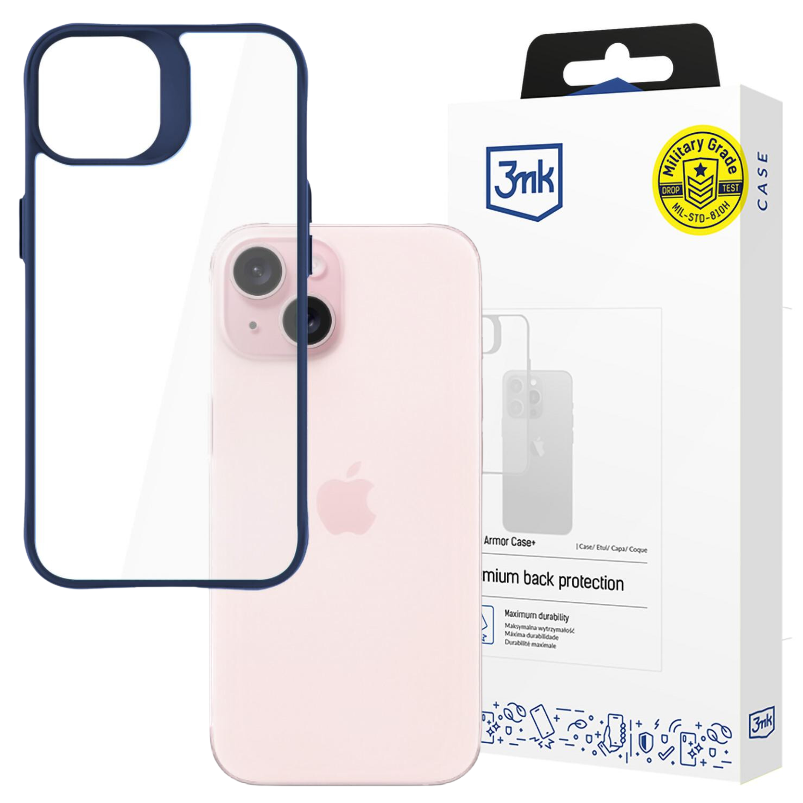 Una custodia e un telefono in una scatola. Il telefono è rosa con un logo Apple. La custodia è trasparente con bordo blu.