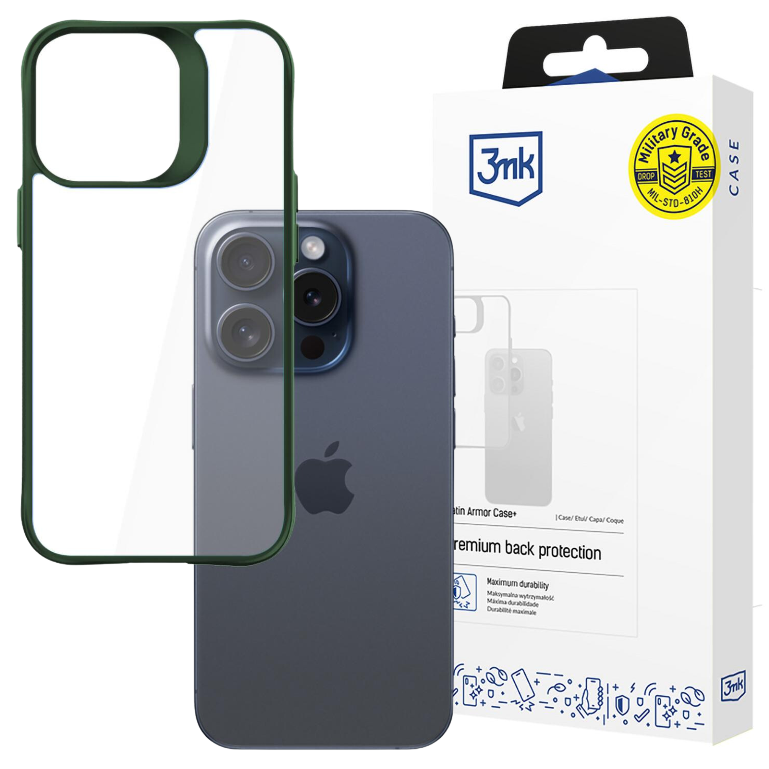 Un iPhone con custodia verde è accanto a una scatola bianca con etichetta di grado militare.