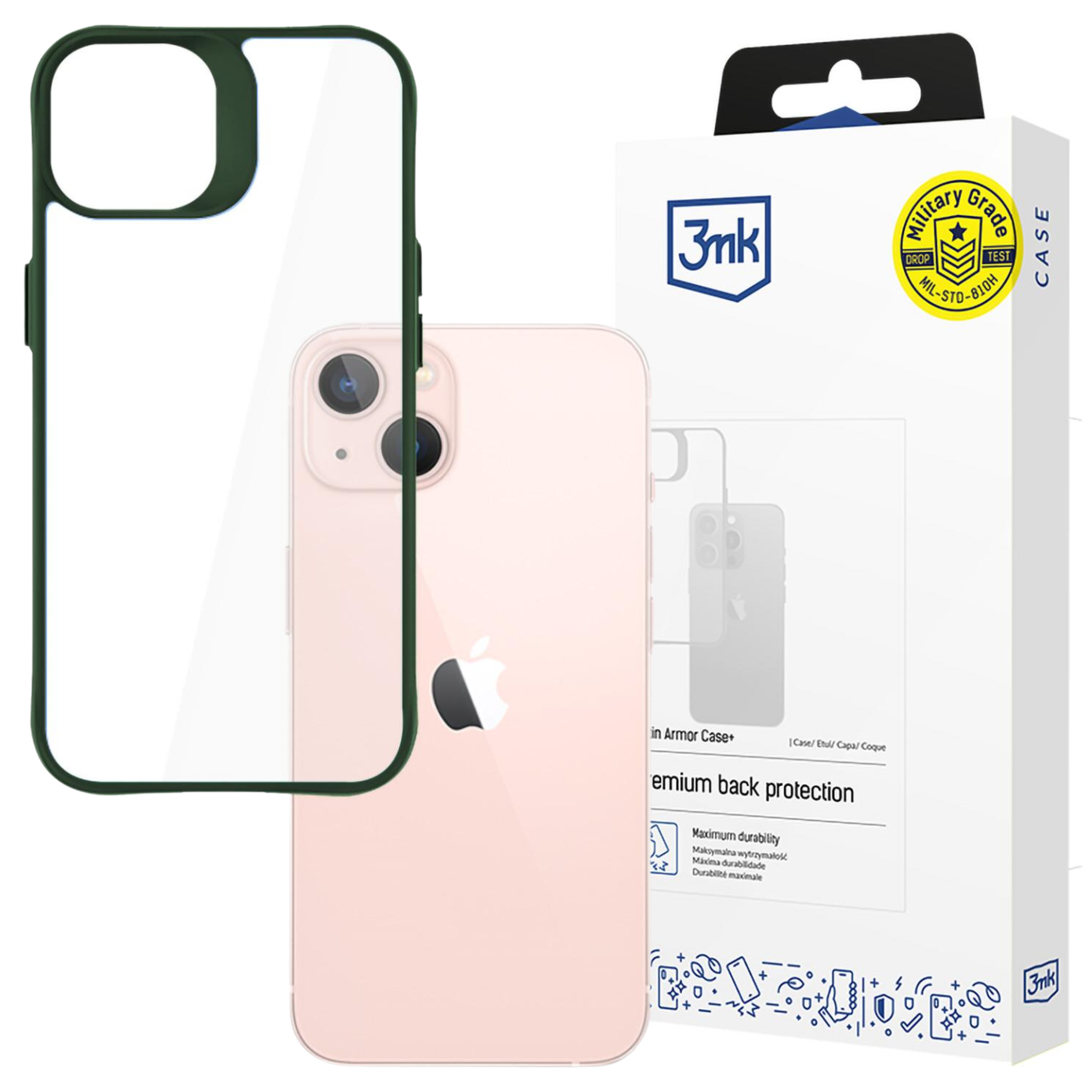Un iPhone in una custodia protettiva accanto alla sua confezione. La custodia è verde scuro, il telefono rosa.