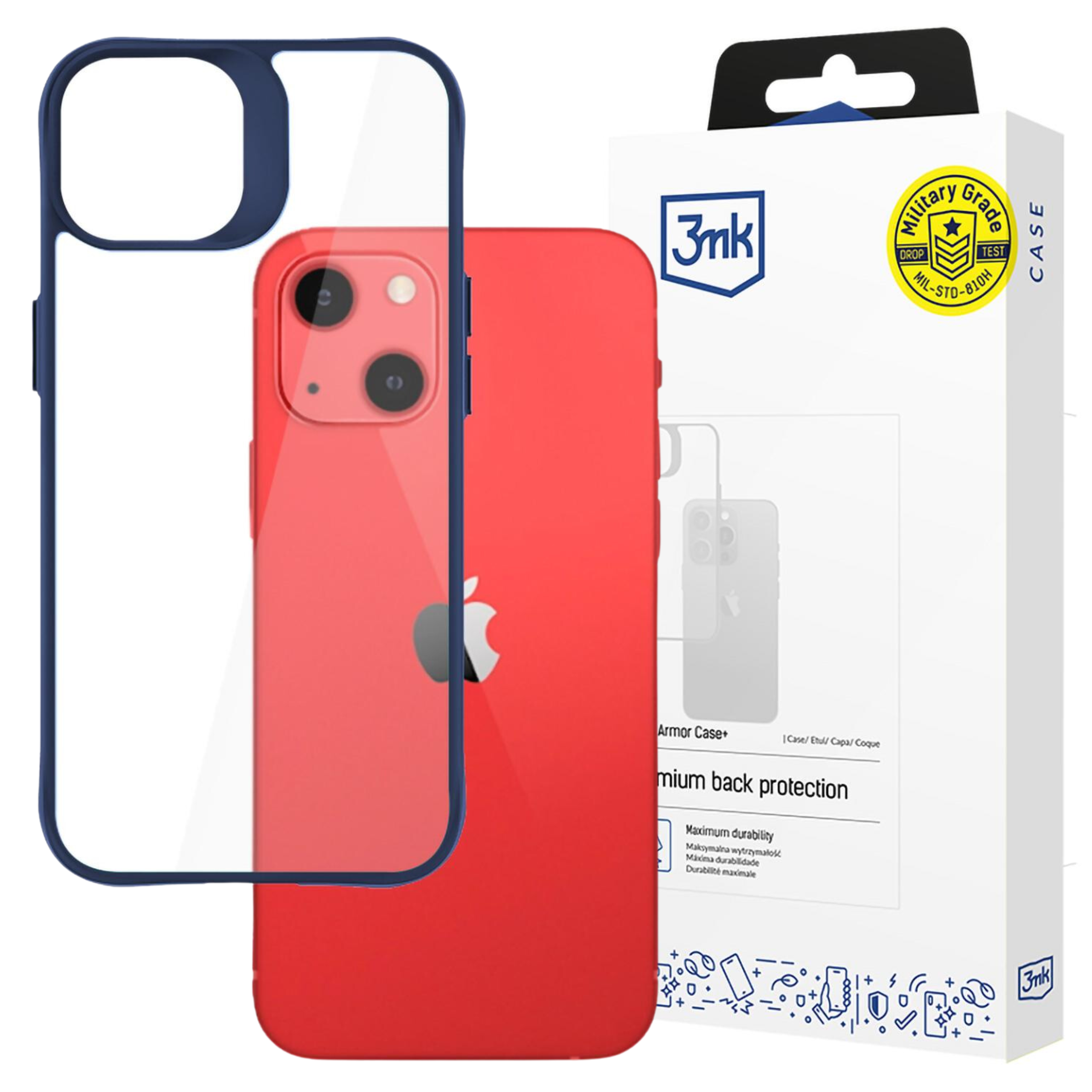 Czerwone etui na telefon z niebieską obwódką i białe pudełko z logo '3nk'.