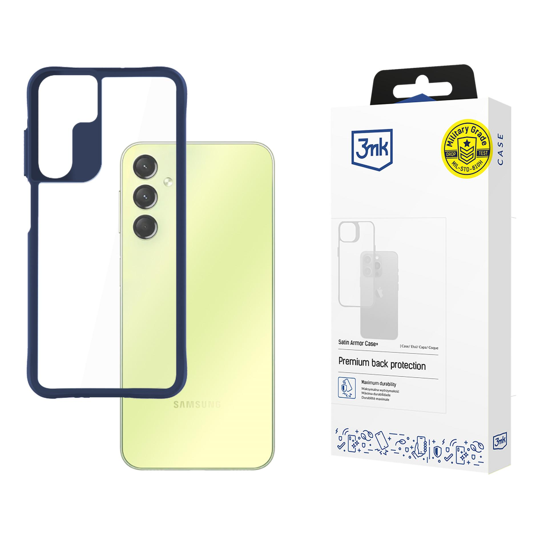 Una custodia per telefono e un telefono sono in mostra. La custodia è blu, il telefono è giallo. A destra c'è una scatola con il marchio 3mk.