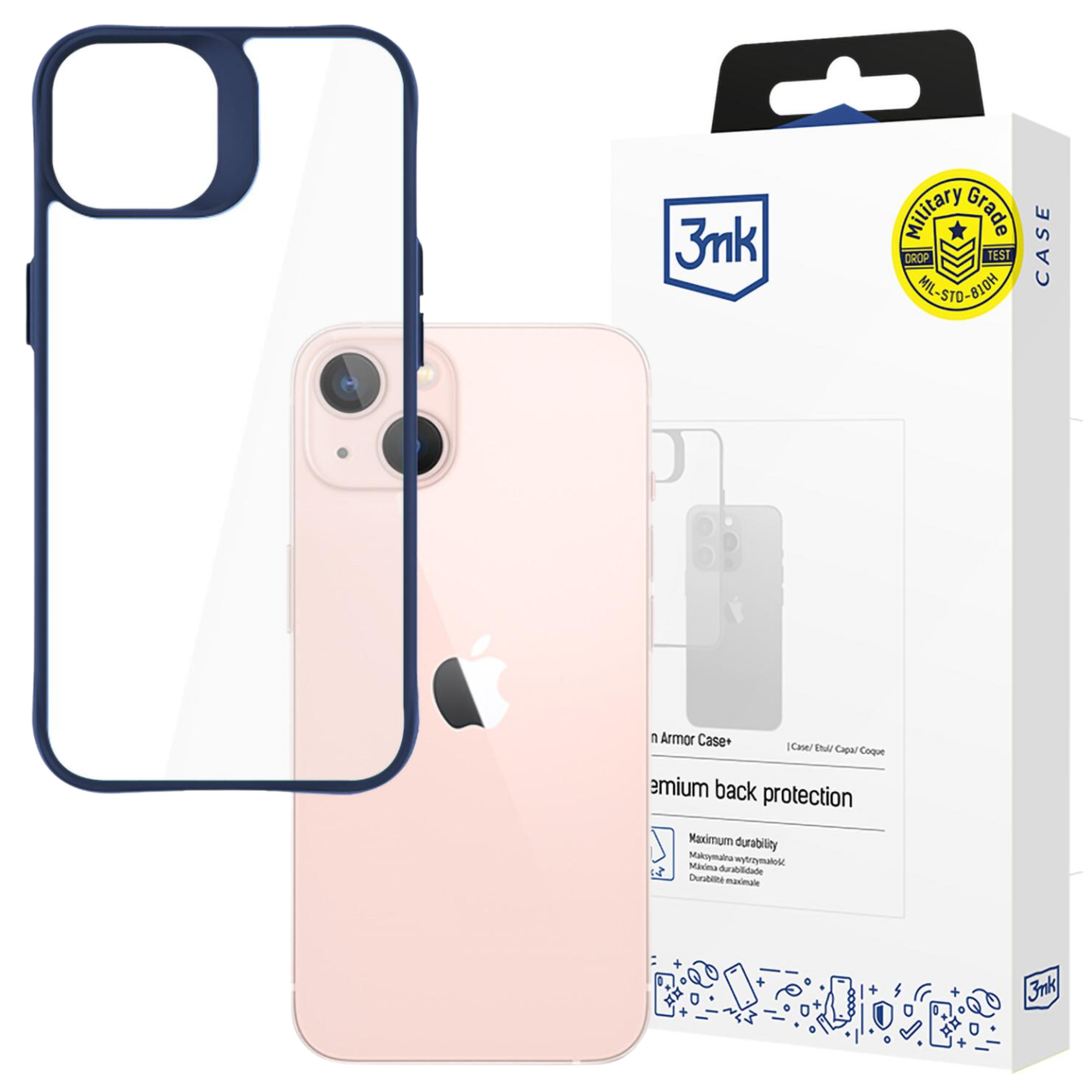 Wyświetlany jest iPhone i etui. Telefon jest różowy z czarnym logo Apple. Etui jest przezroczyste z niebieską obwódką.