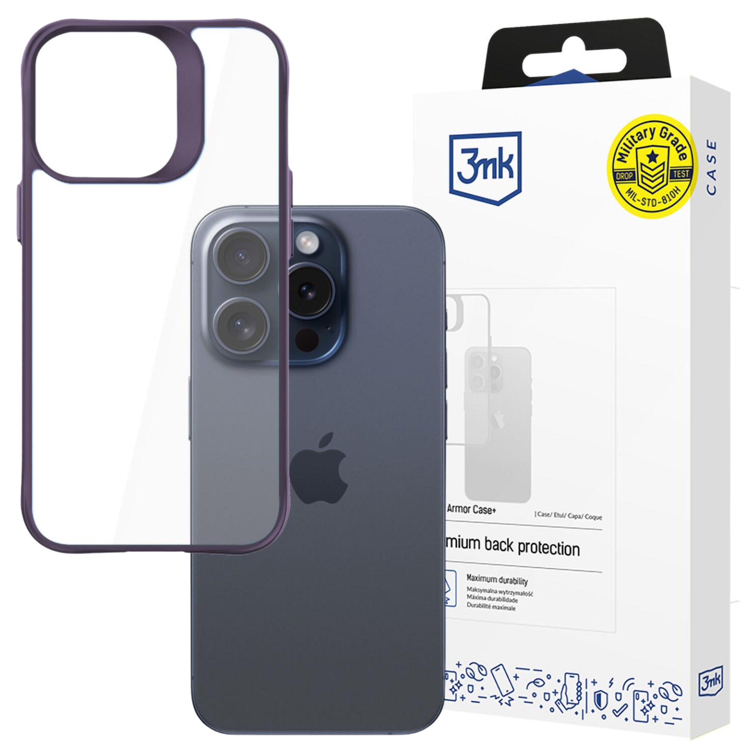 Un iPhone con custodia trasparente bordata di viola e una scatola bianca con testo e logo sono visibili.
