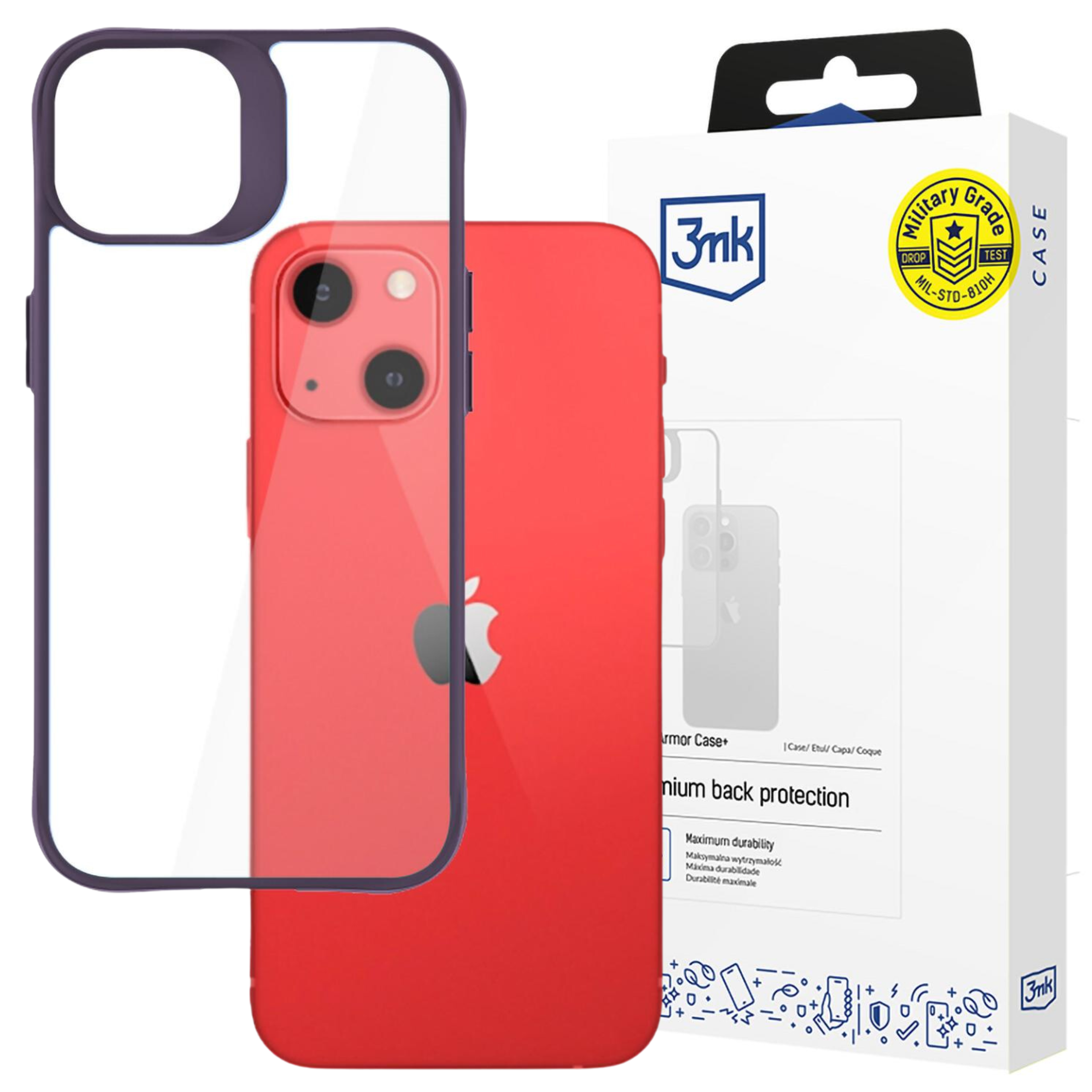 Un iPhone rosso in una custodia viola e trasparente davanti a una scatola bianca con la descrizione del prodotto.