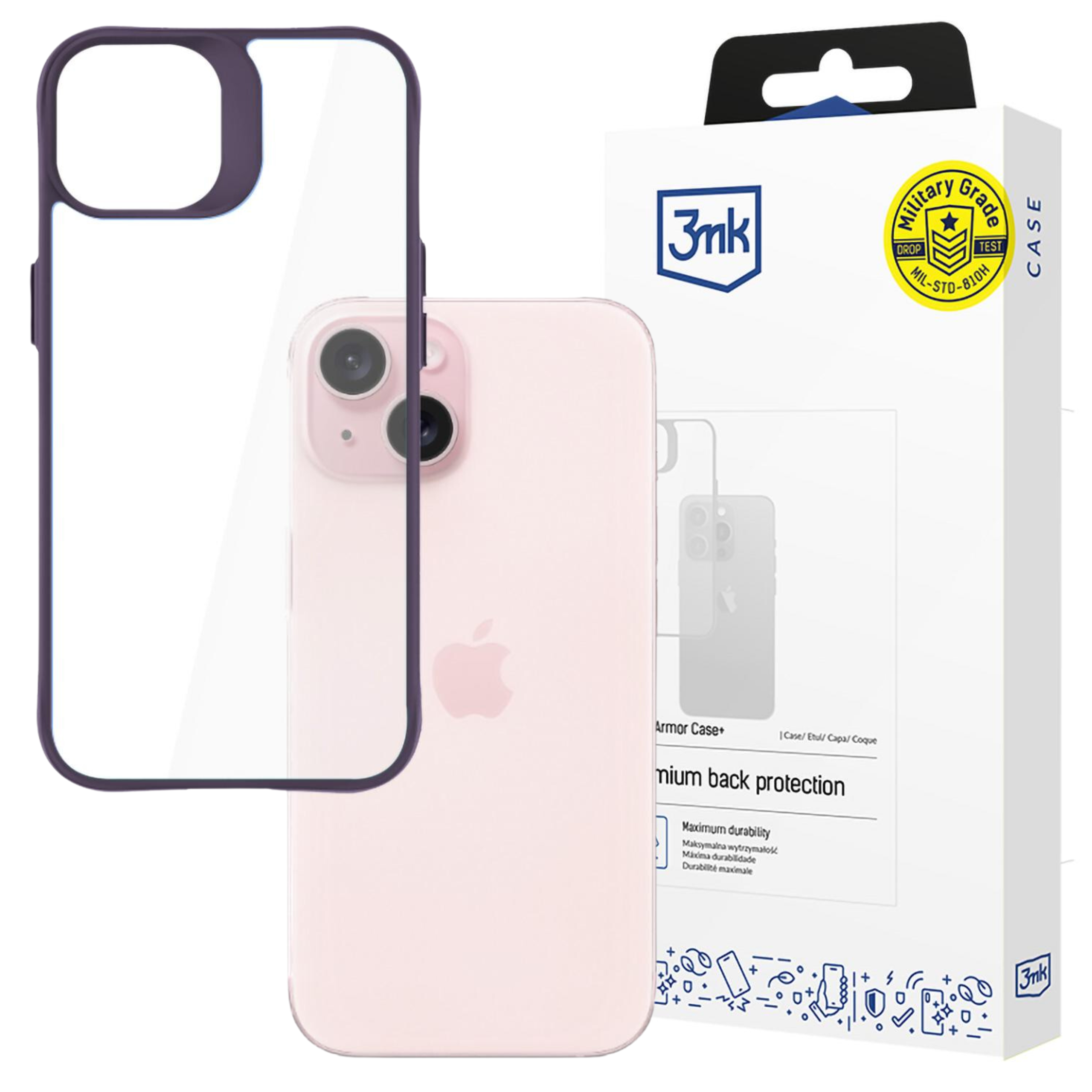 iPhone rosa con custodia trasparente e scatola bianca con etichetta di grado militare, il marchio è 3mk.