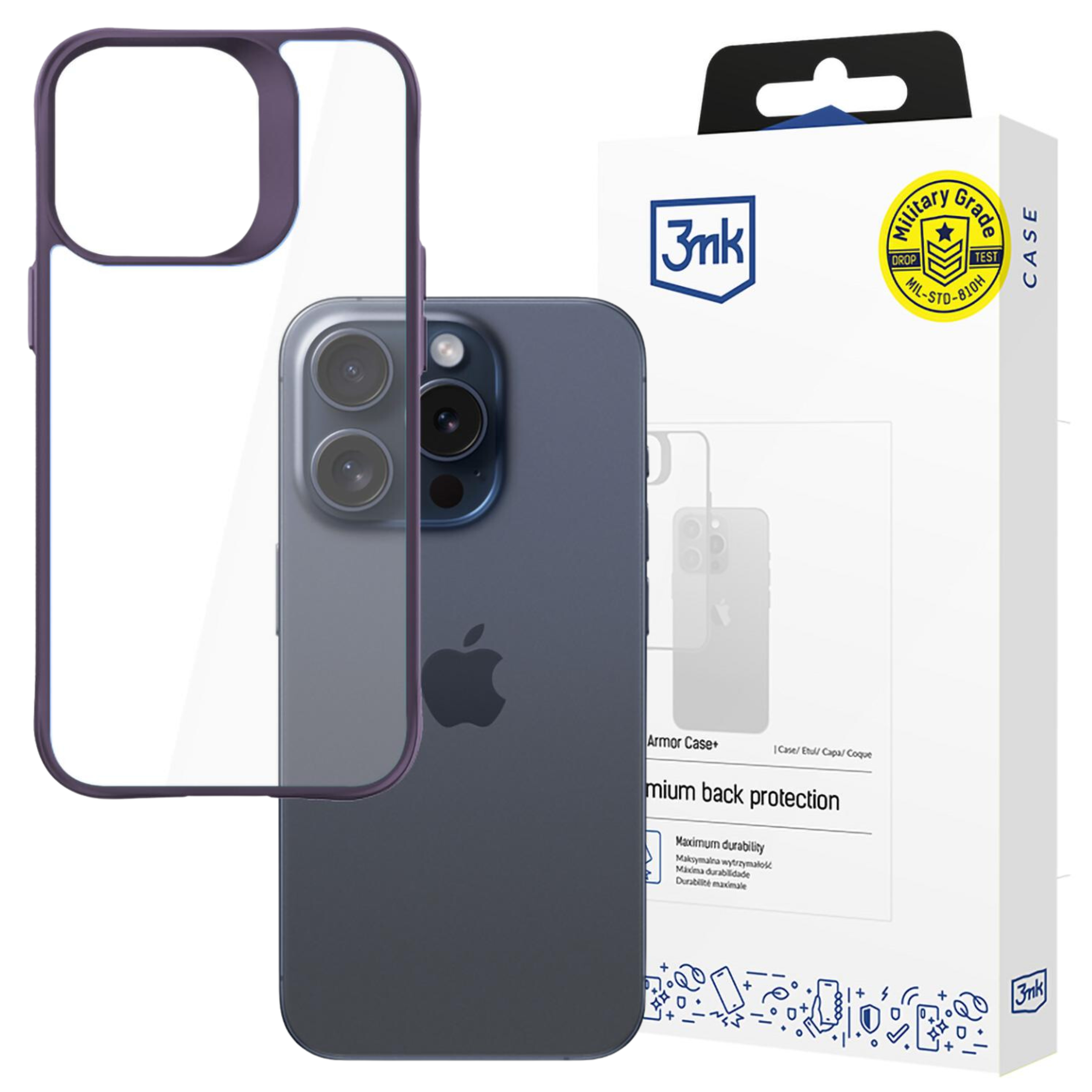 Un iPhone con una custodia trasparente accanto a una scatola. La custodia ha un contorno viola. La scatola ha il marchio 3mk.