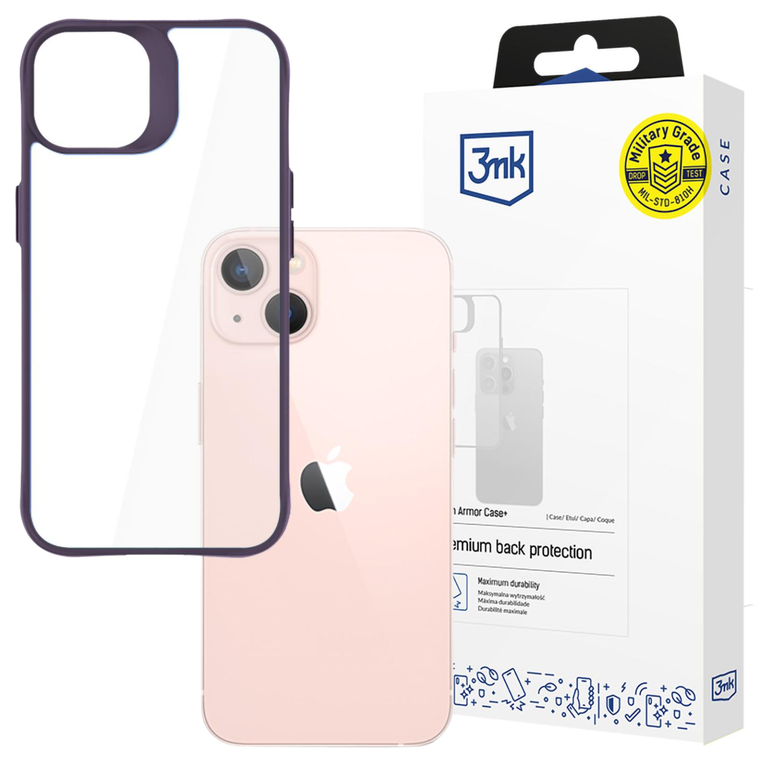 Etui na telefon i telefon są wyświetlane z pudełkiem. Etui jest przezroczyste z fioletową ramką. Telefon jest różowy.