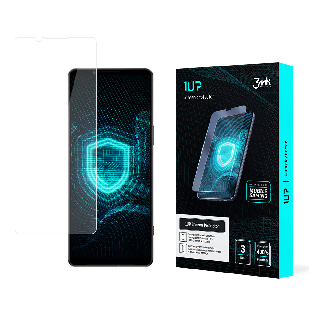 Un proteggi schermo, un telefono e una scatola con un'immagine del telefono. La scatola dice '1UP proteggi schermo' e 'ottimizzato per il gioco mobile'.