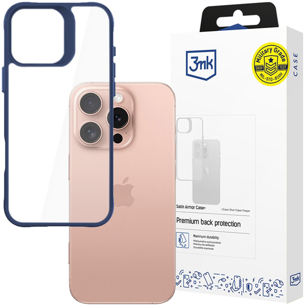 Una custodia per telefono e un telefono sono visualizzati. La custodia è blu e trasparente. Il telefono è rosa, con tre fotocamere.